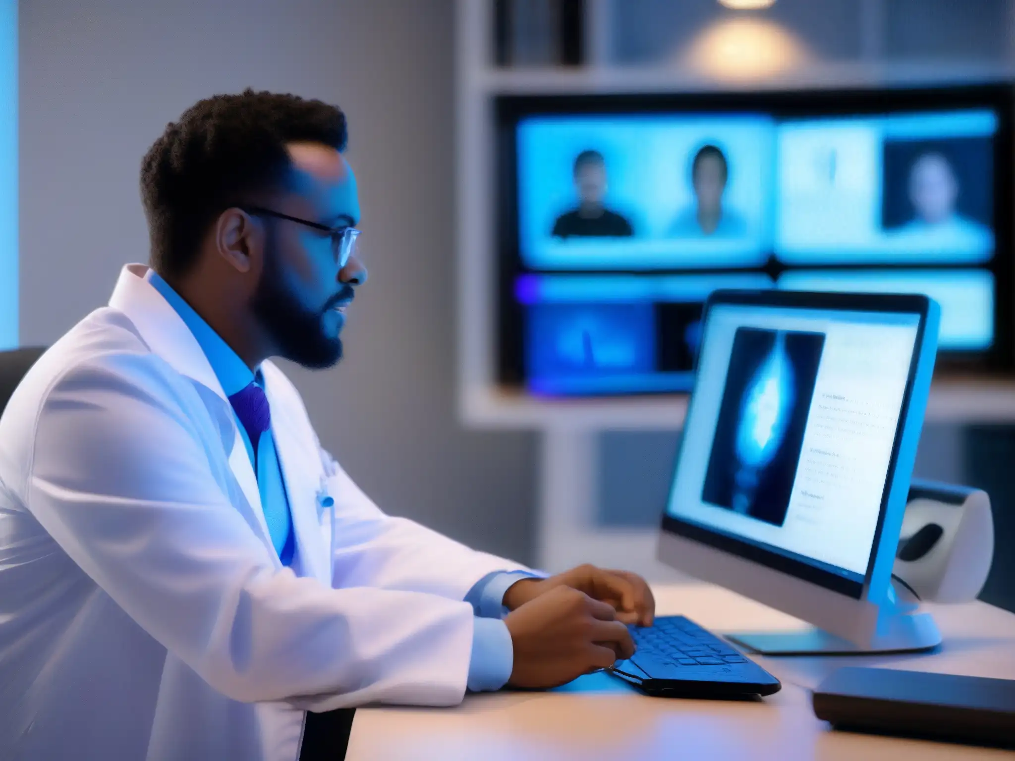 Atención médica remota con dedicación y profesionalismo Un médico en su consultorio de telemedicina, realizando videoconferencias para telemedicina con profesionalismo y dedicación