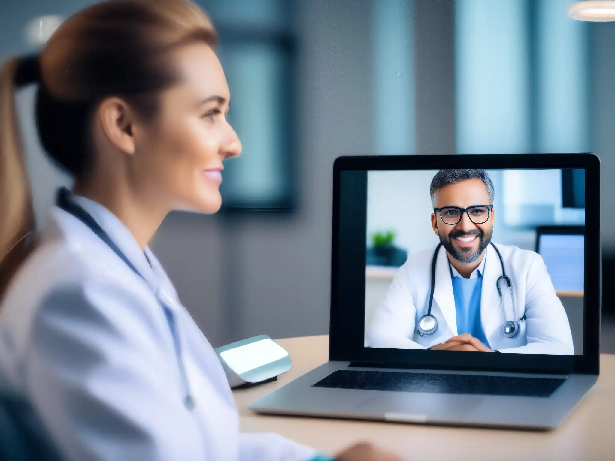 Consulta médica online con conexión humana y profesional Un médico y un paciente en una videoconsulta por Vidyo en una oficina telemedicina