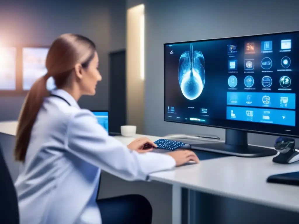 Manos de doctor ajustando videollamada médica Un médico ajusta una videoconferencia médica de alta tecnología en una consulta moderna