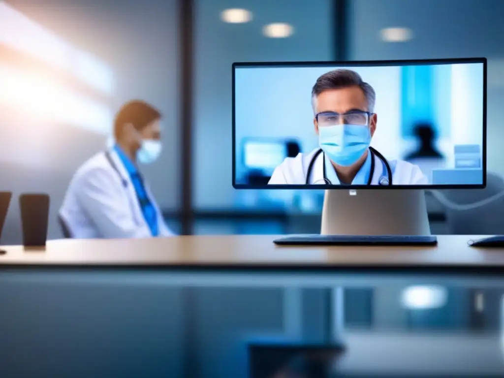 Videoconferencia médica segura y confidencial Un médico realiza una videoconferencia segura con un paciente, protegiendo la confidencialidad