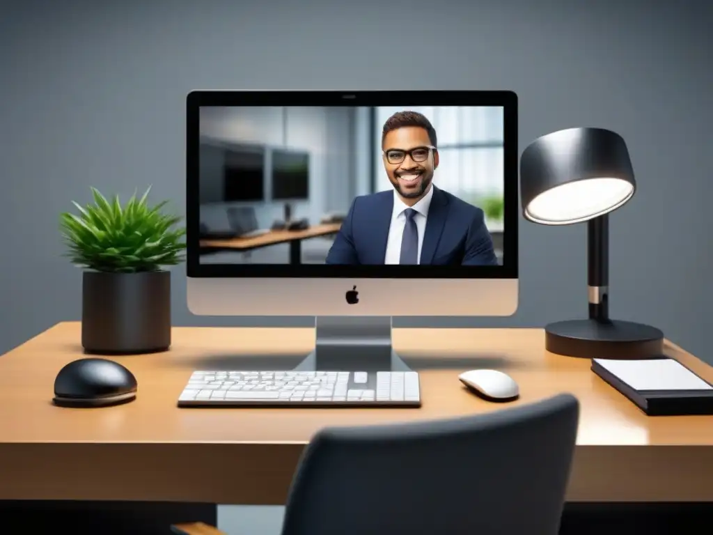 Configuración profesional para videollamadas: eficiencia y estilo La mejor herramienta para videoconferencias en entrevistas online: un setup profesional con computadora, monitor de alta definición, cámara web y micrófono de calidad, en un ambiente sofisticado y minimalista