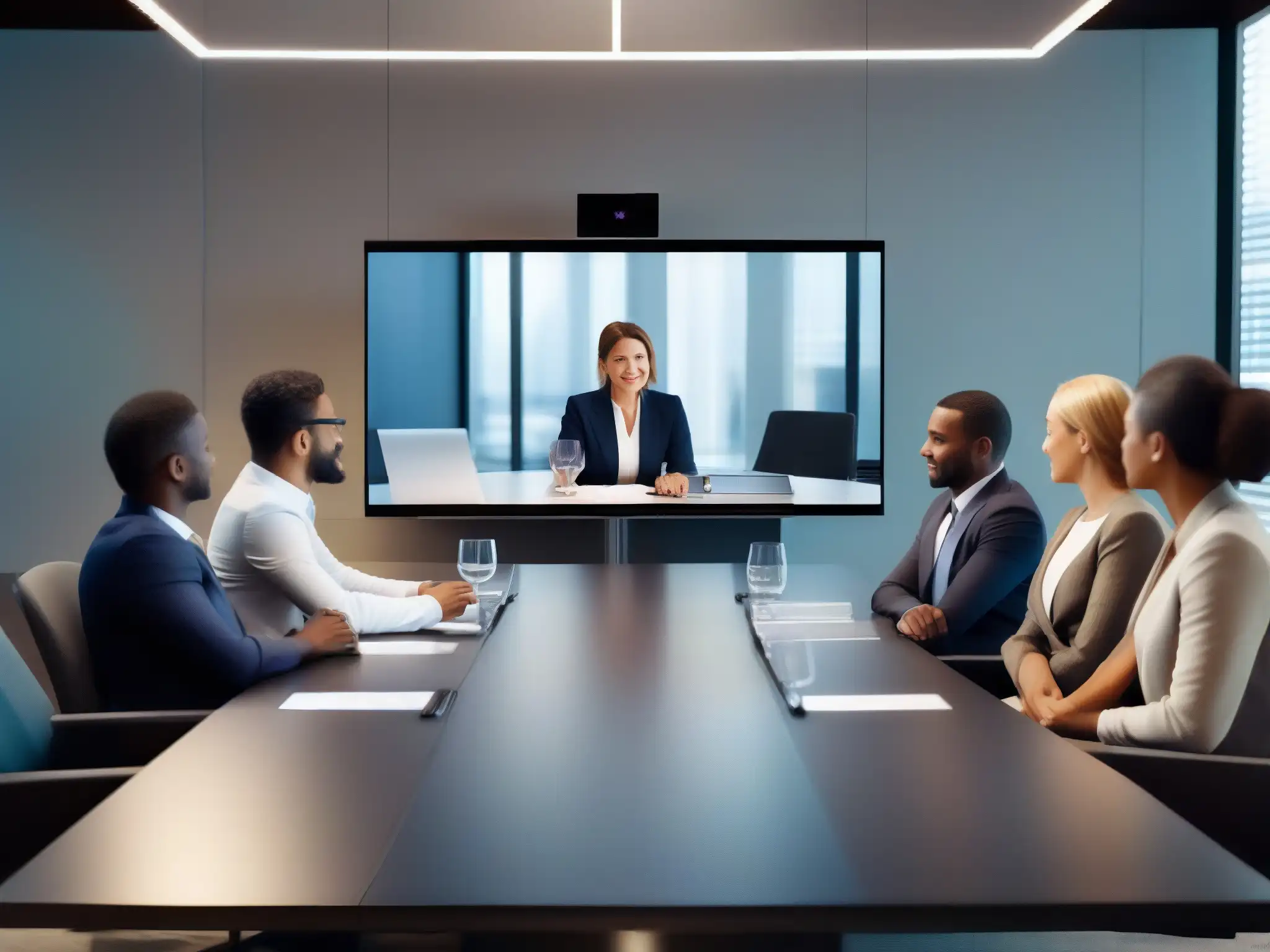 Videoconferencia moderna y eficiente en una oficina sofisticada Mejor interfaz de videoconferencia corporativa: Reunión profesional en pantalla de alta resolución, oficina minimalista y ambiente eficiente