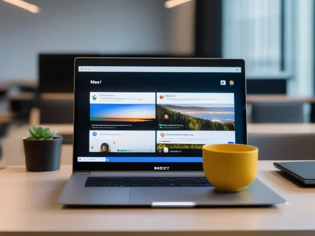 Profesionalidad y eficiencia: Zoom y Google Meet en acción Dos laptops en una mesa moderna, uno con Zoom y otro con Google Meet, transmiten profesionalismo y eficiencia