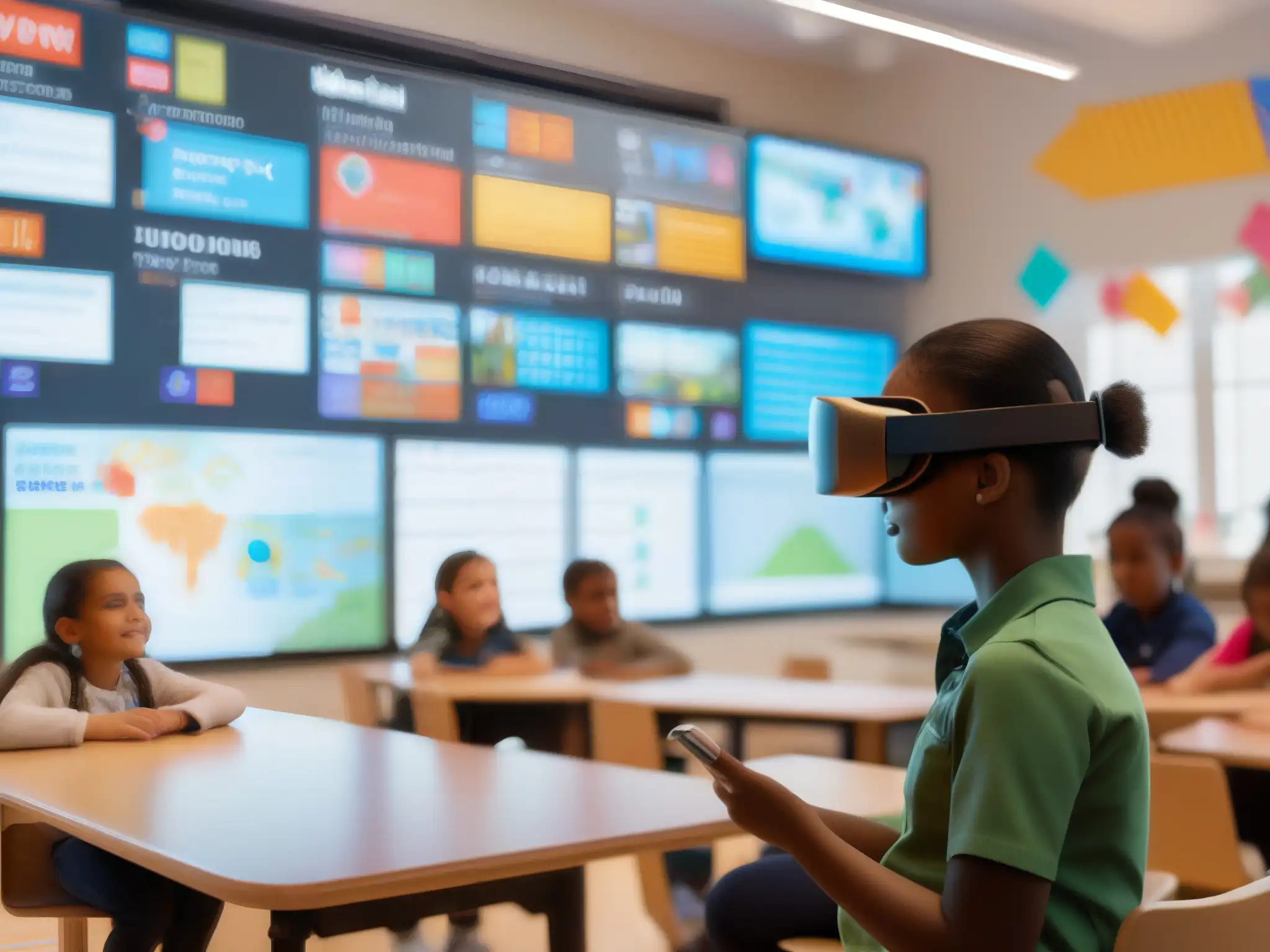 Aula moderna con realidad virtual y herramientas Montessori Metodología Montessori aula virtual: Estudiantes interactúan con herramientas digitales en un aula moderna y luminosa