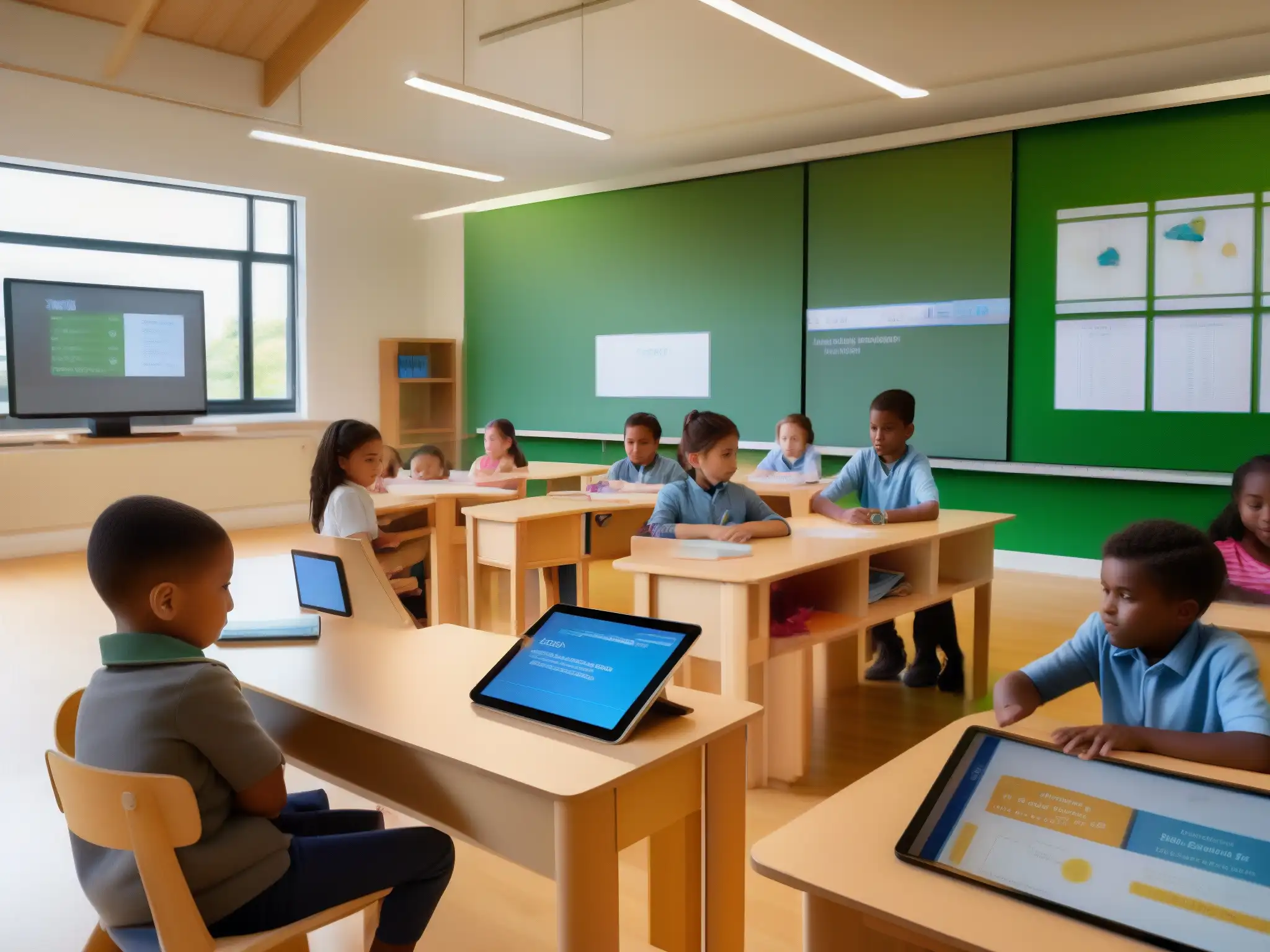 Clase Montessori moderna con tecnología virtual Metodología Montessori aula virtual con tecnología integrada y ambiente educativo armonioso