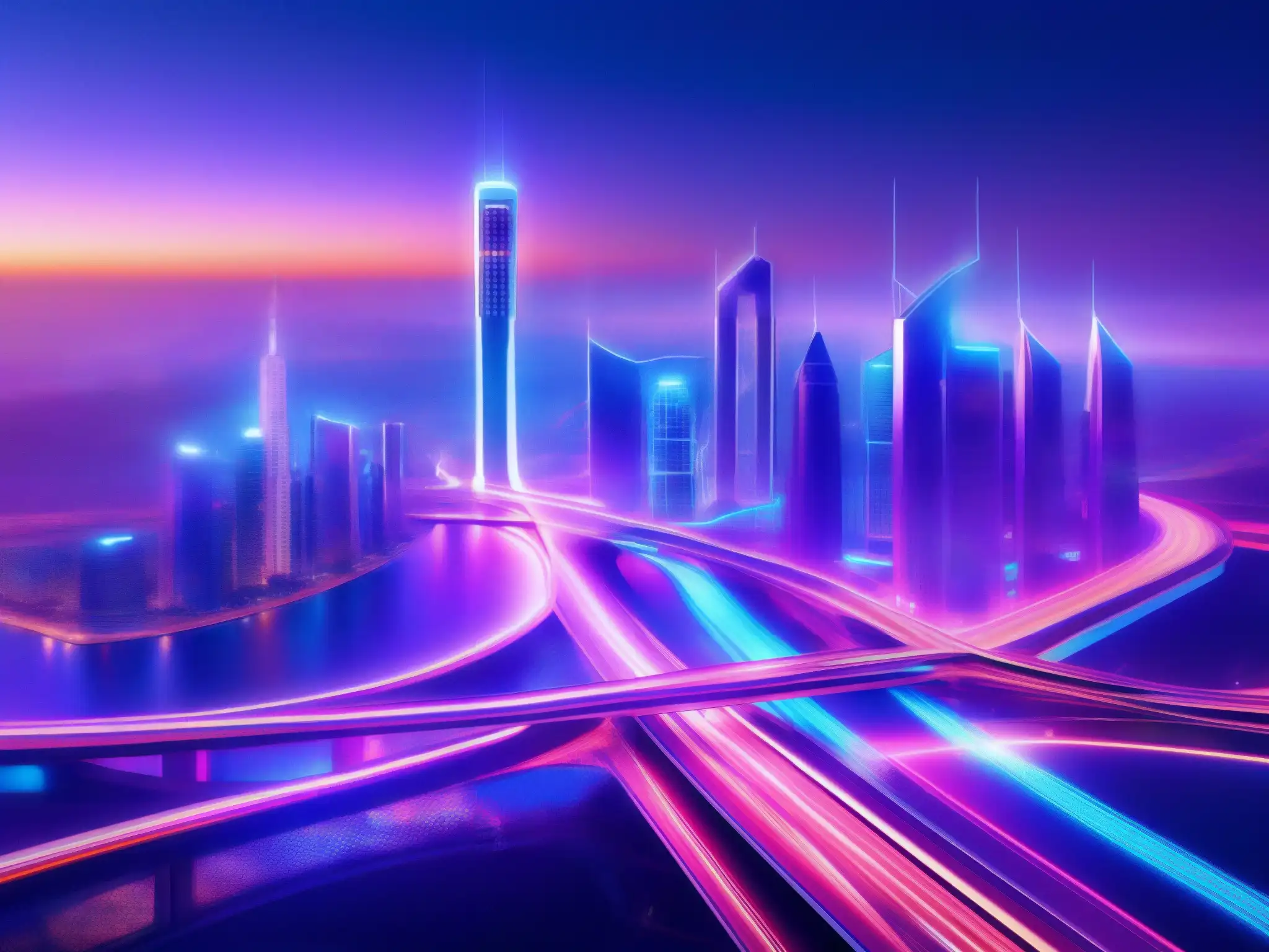 Skyline futurista: Integración de 5G en la ciudad inteligente Una metrópolis futurista iluminada por la noche, con rascacielos relucientes y una red de carreteras