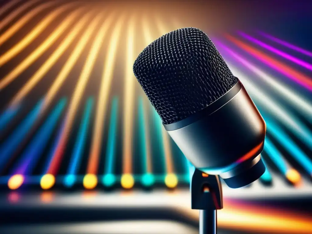 Micrófono de Alta Calidad Capturando Ondas Sonoras en Estudio Profesional Un micrófono de alta calidad capturando ondas sonoras en un estudio profesional, con un diseño moderno y detalles intrincados