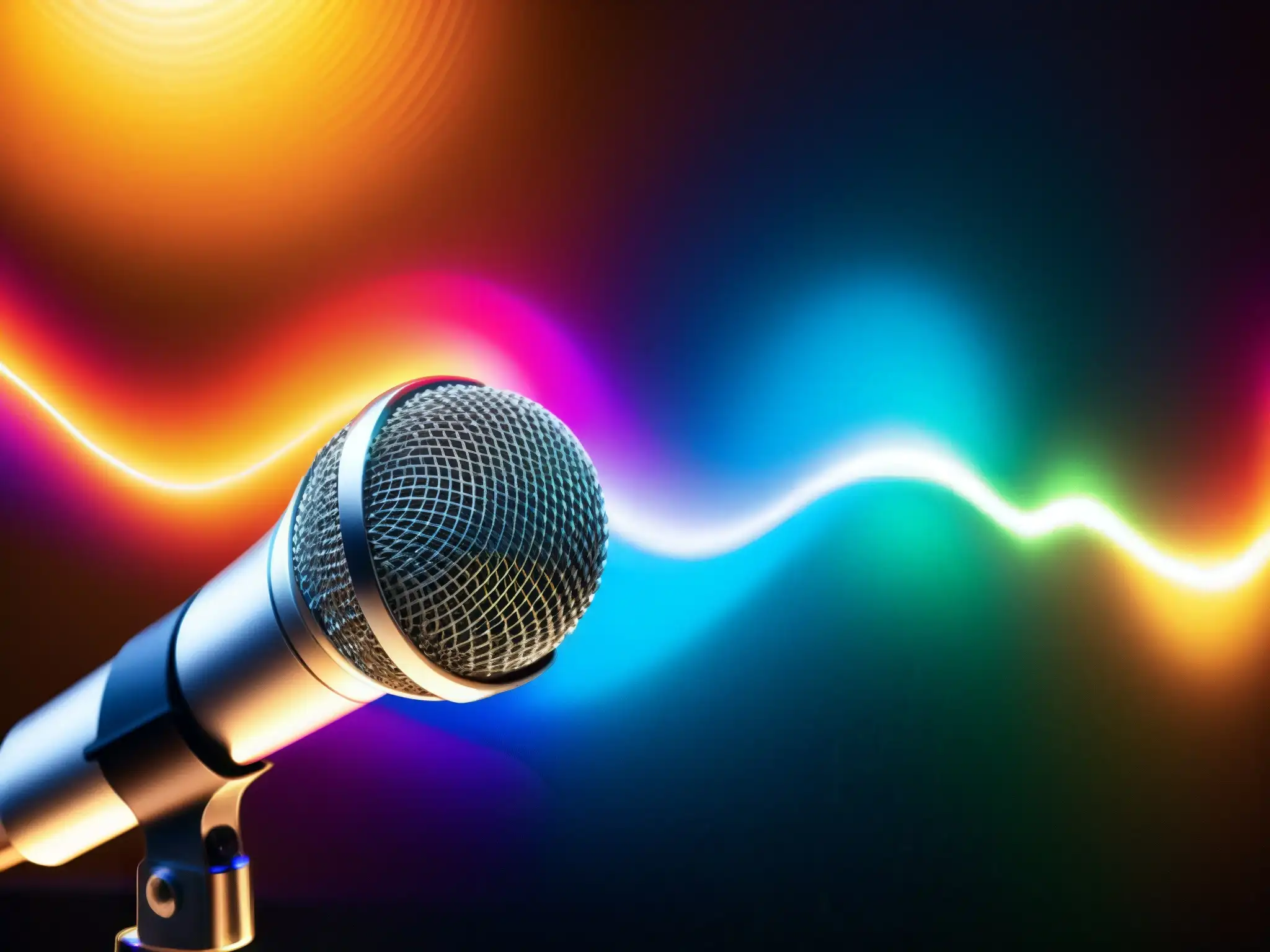 Micrófono de Estudio Profesional: Captura de Ondas Sonoras Ultra-Detallada Un micrófono de alta gama capturando ondas sonoras en un estudio profesional, con diseño moderno y calidad de audio para videoconferencia