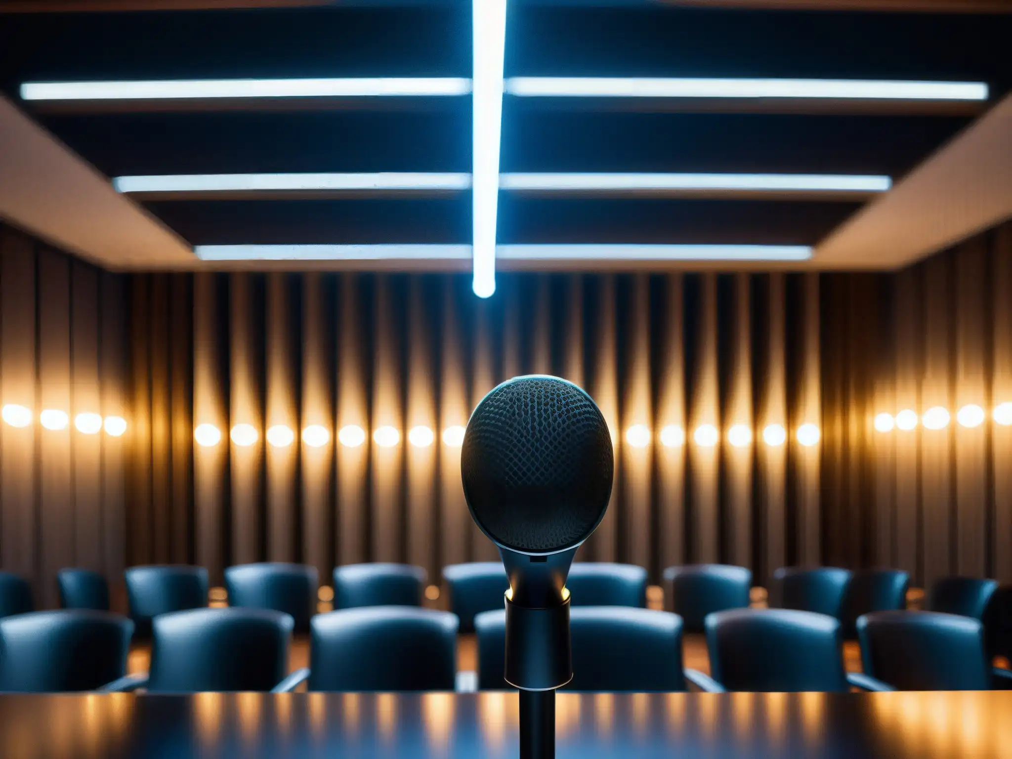 Micrófono de alta tecnología capturando ondas sonoras en sala futurista Un micrófono de alta tecnología capturando ondas sonoras en una sala de conferencias futurista para mejorar latencia videoconferencias API