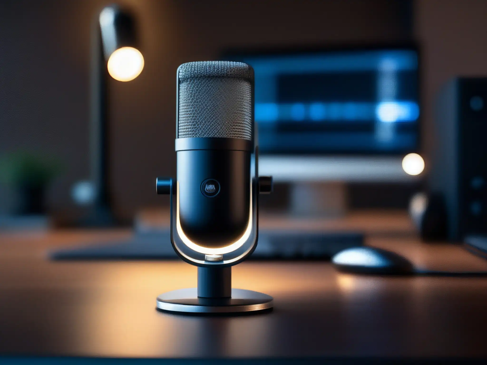Micrófono profesional de alta tecnología en oficina minimalista Un micrófono moderno y detallado en un elegante espacio de oficina minimalista, representando la calidad de audio en videoconferencia