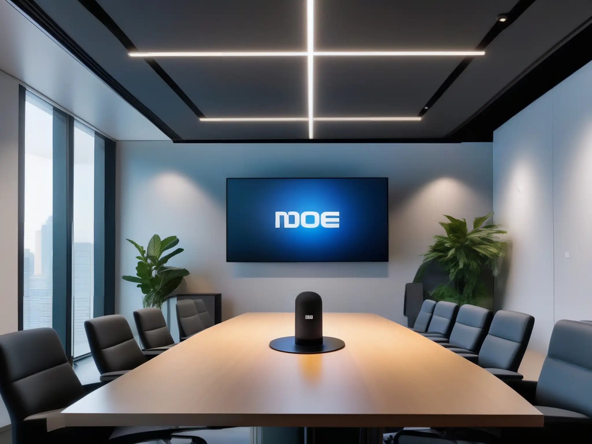 Microfono profesional con AI para videoconferencias Microfono moderno en videoconferencia con reducción de ruido de fondo AI en oficina contemporánea