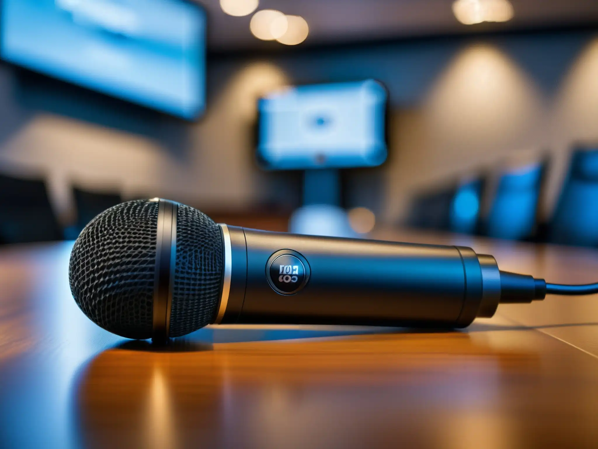 Micrófono de videoconferencia negro: detalle y tecnología de punta Un micrófono de videoconferencia negro, elegante y detallado, con avanzada tecnología de cancelación de ruido