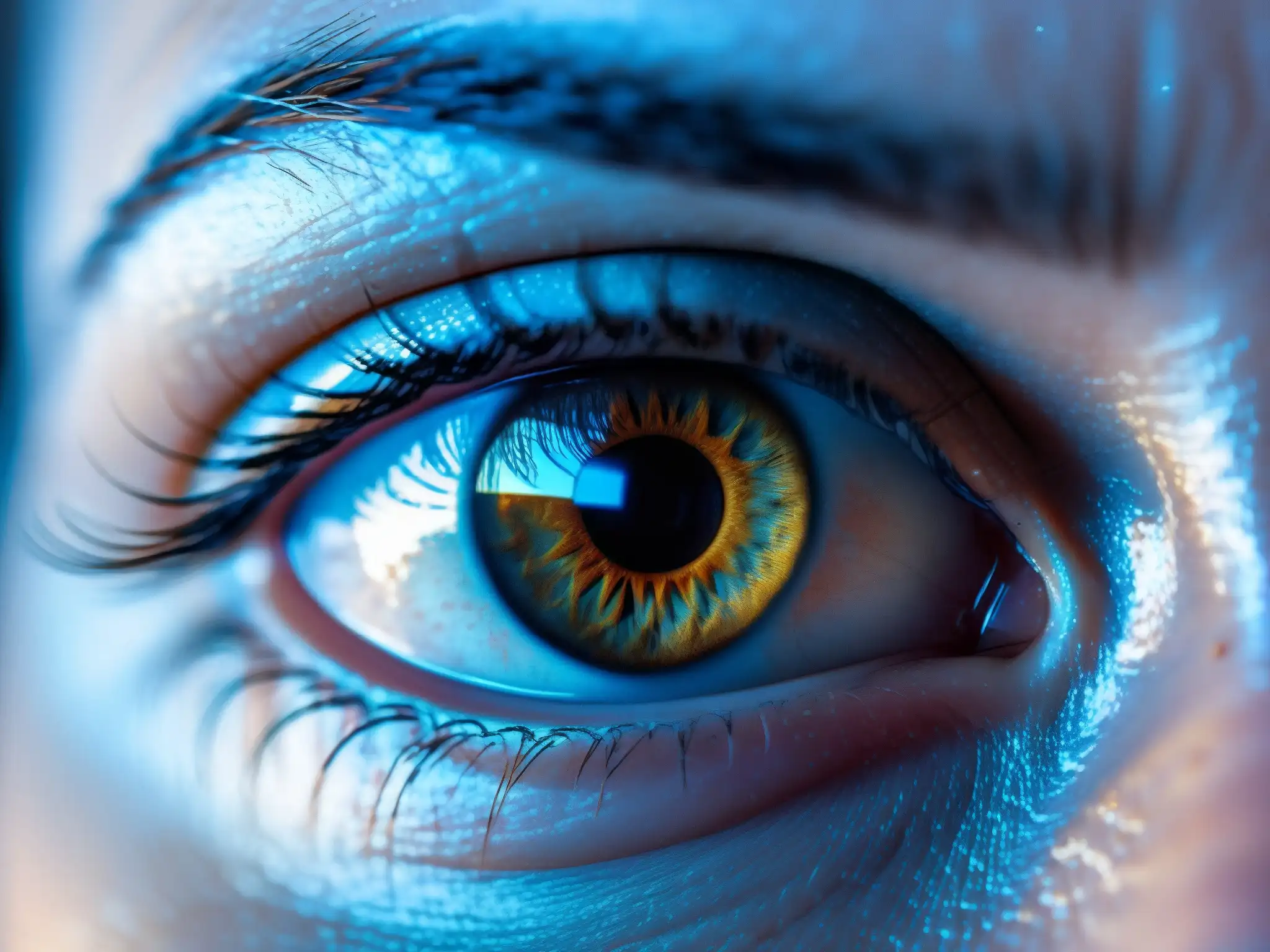 Mirada empática: fatiga digital en los ojos Mirada cansada y empática frente a la pantalla, reflejando la fatiga digital en videoconferencias