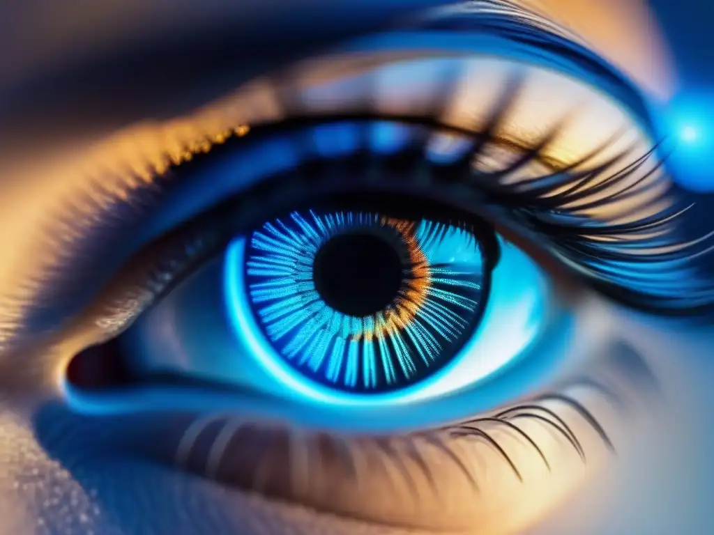 Ojo seguro: reflejo de videoconferencia encriptada Una mirada segura a través de gafas futuristas, con reflejos de una interfaz de videoconferencia encriptada