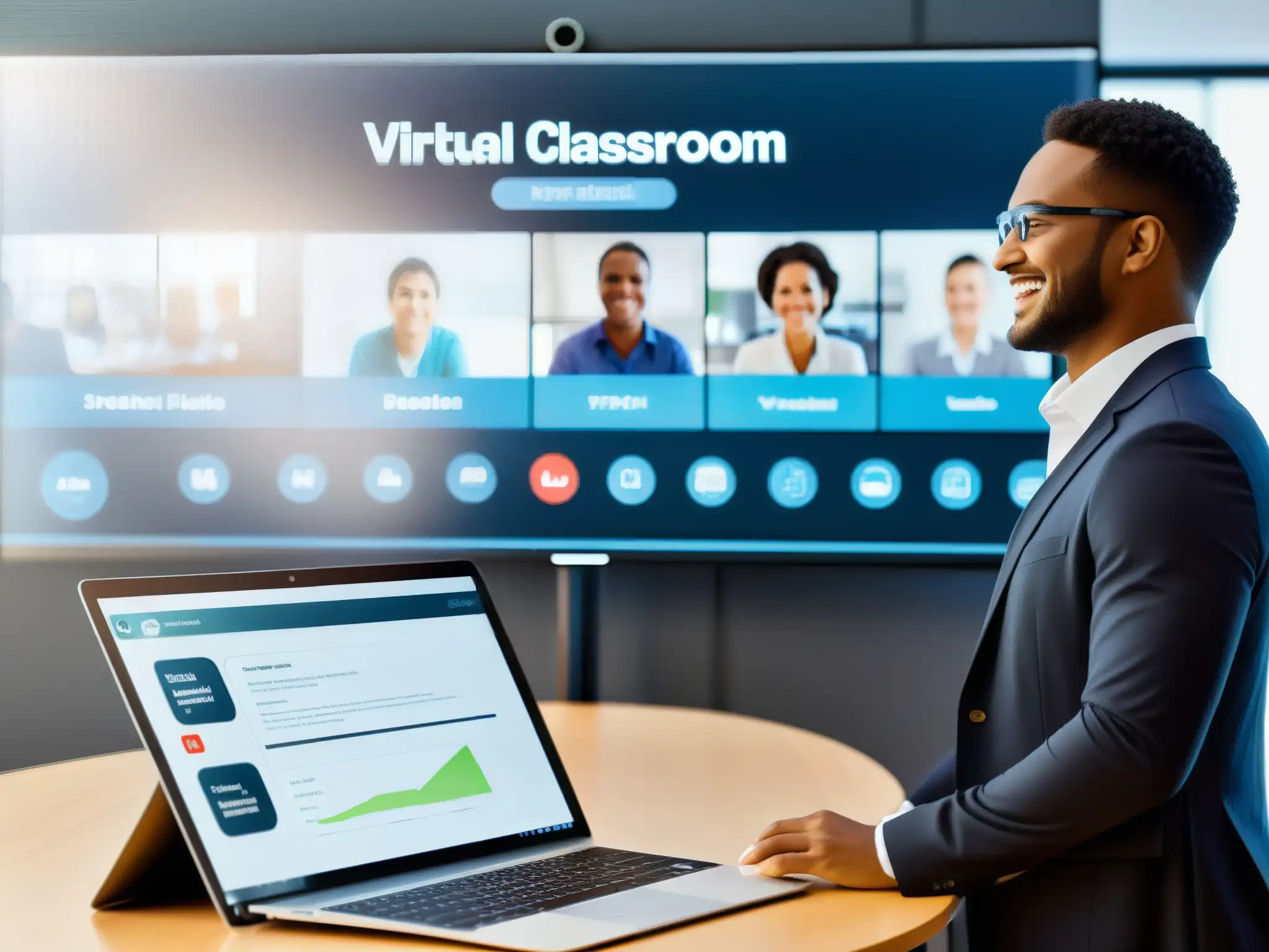 Clase virtual dinámica y colaborativa en Blackboard Una moderna y dinámica sesión de aprendizaje virtual con estudiantes diversos, reflejando la efectividad de Blackboard en la educación en línea