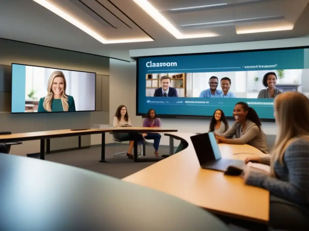Aula innovadora: integración perfecta de tecnología en la educación Una moderna aula con estudiantes en sesión de videoconferencia, integrando tecnología y participación tanto presencial como remota