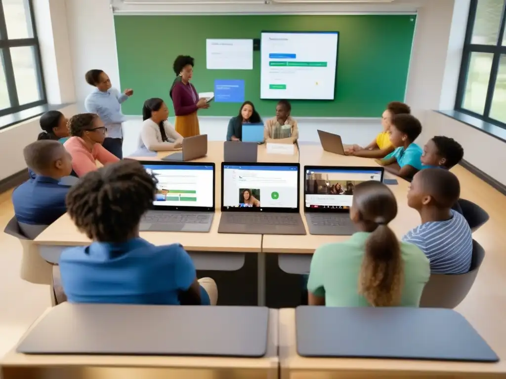 Aula moderna con Microsoft Teams y Google Classroom: integración efectiva Una moderna aula con estudiantes usando Microsoft Teams y Google Classroom