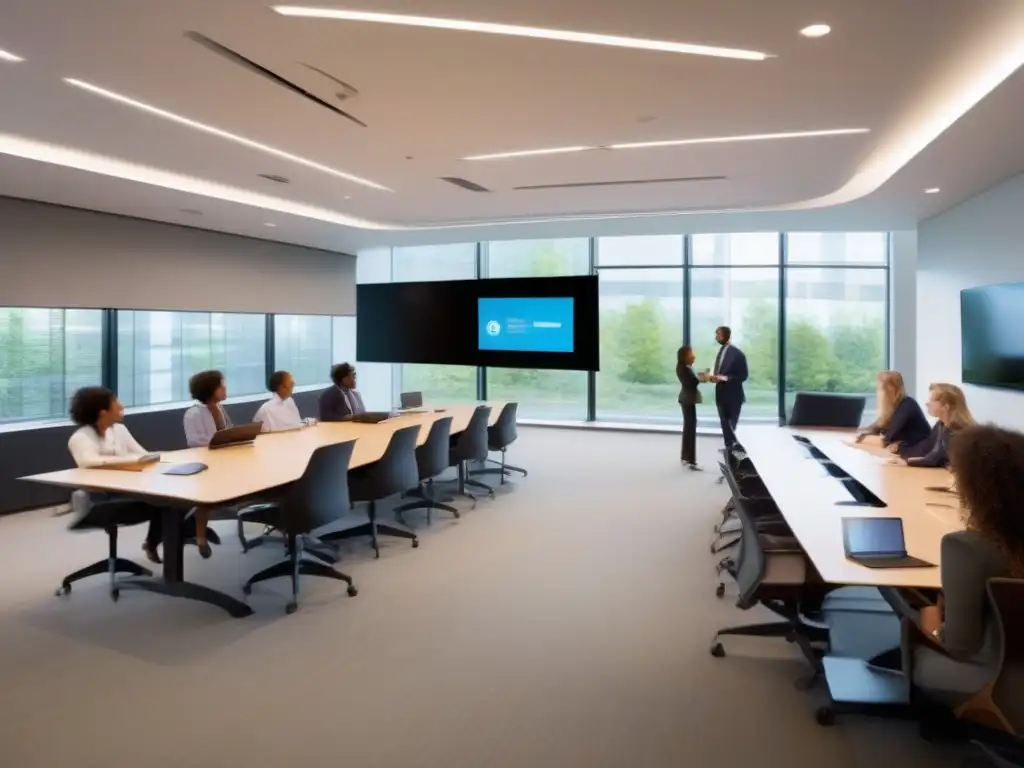 Salón de clases moderno y colaborativo con tecnología de vanguardia Moderna aula con integración LMS y videoconferencia para profesionales, dinámica colaboración y tecnología de vanguardia