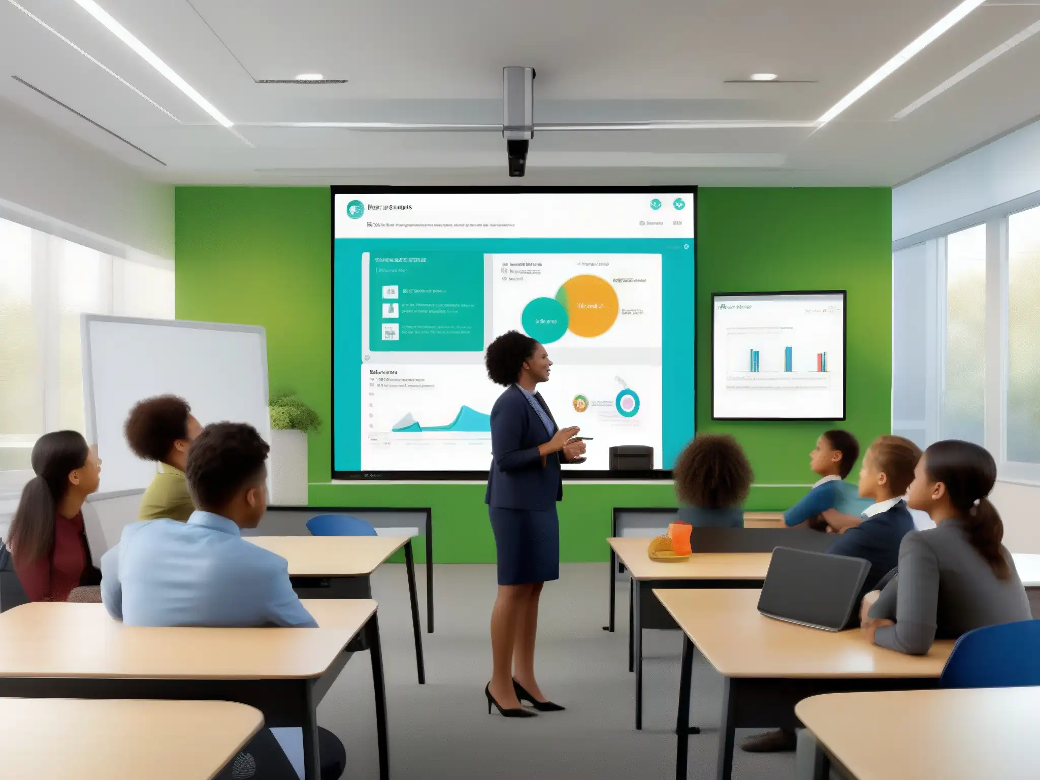 Aula moderna con Webex Education Connector: colaboración dinámica Una moderna aula con la interfaz de Webex Education Connector en una pizarra digital