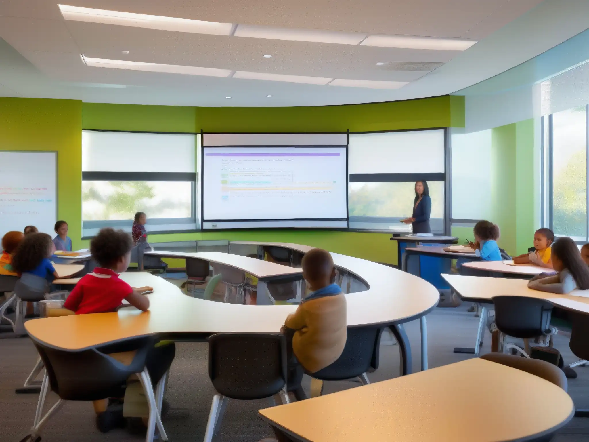Aula moderna con tecnología interactiva y colaboración En la moderna aula, el profesor y los estudiantes interactúan usando sus dispositivos en un ambiente luminoso y colaborativo
