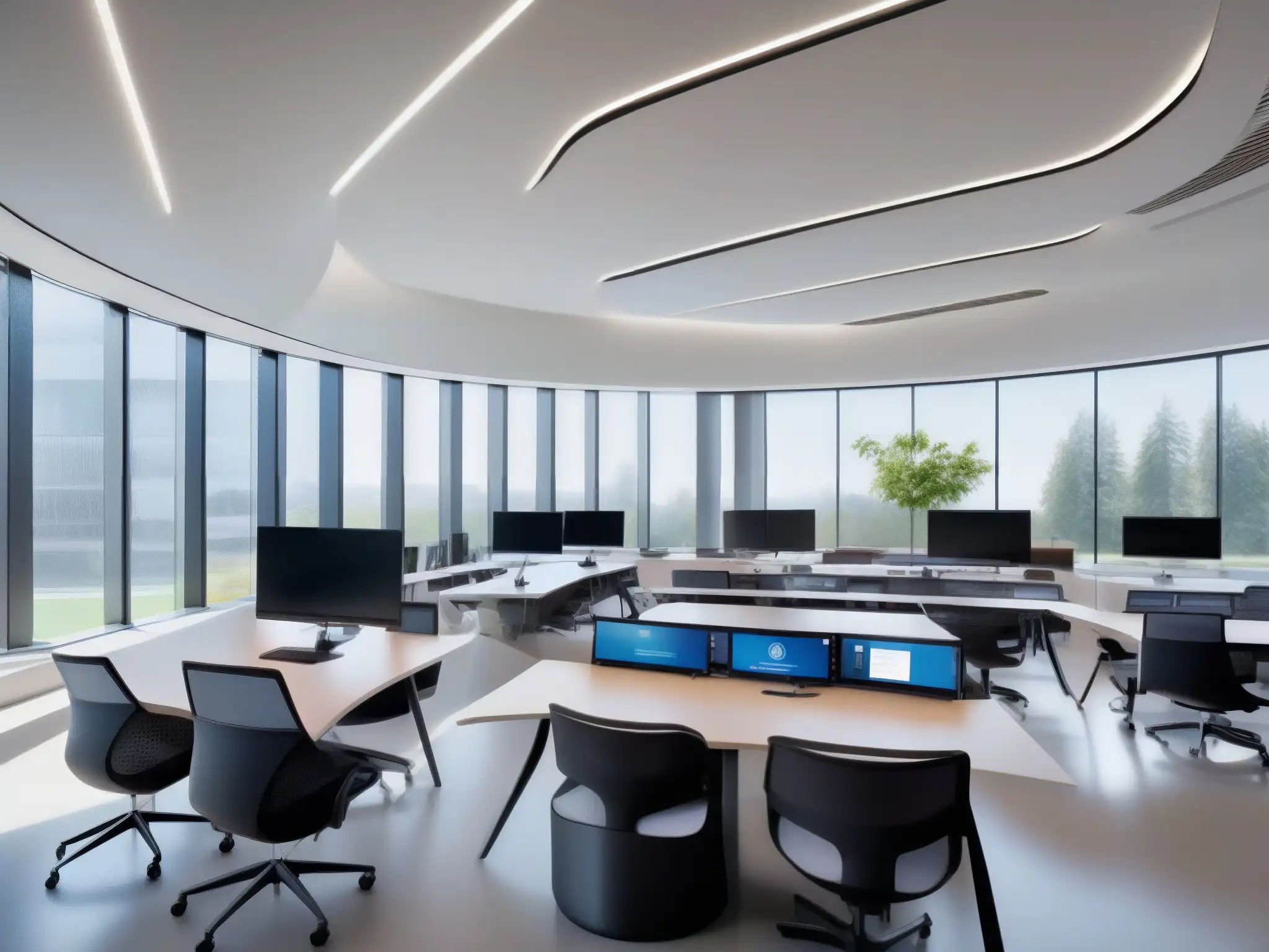 Aula universitaria futurista: tecnología y colaboración Moderna aula universitaria con tecnología de vanguardia y colaboración a través de Microsoft Teams