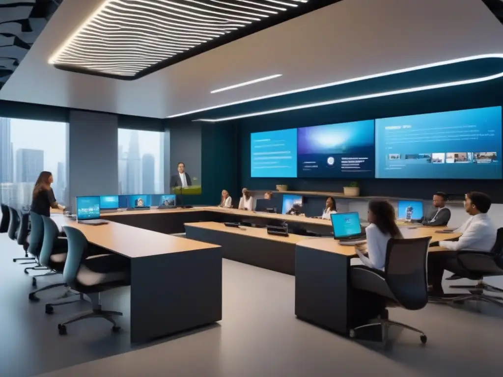 Salón de Clases Futurista con Tecnología 5G Avanzada Moderna aula con tecnología 5G para videoconferencias educativas, transformando la enseñanza a distancia