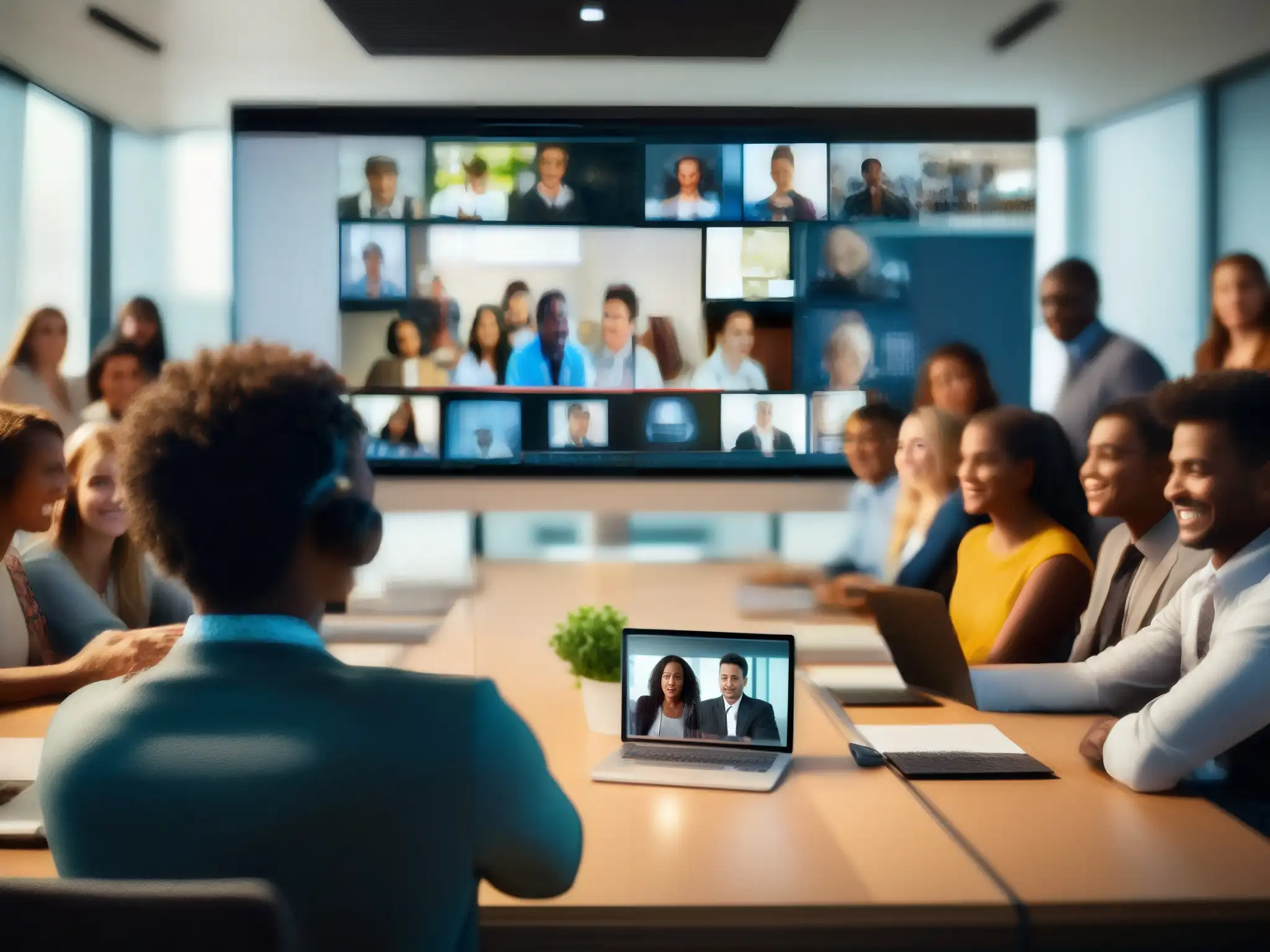 Clase virtual moderna: Integración de videoconferencia en MOOCs Una moderna aula virtual con estudiantes diversos participando activamente en videoconferencias, destacando la integración de videoconferencia en la educación de MOOCs