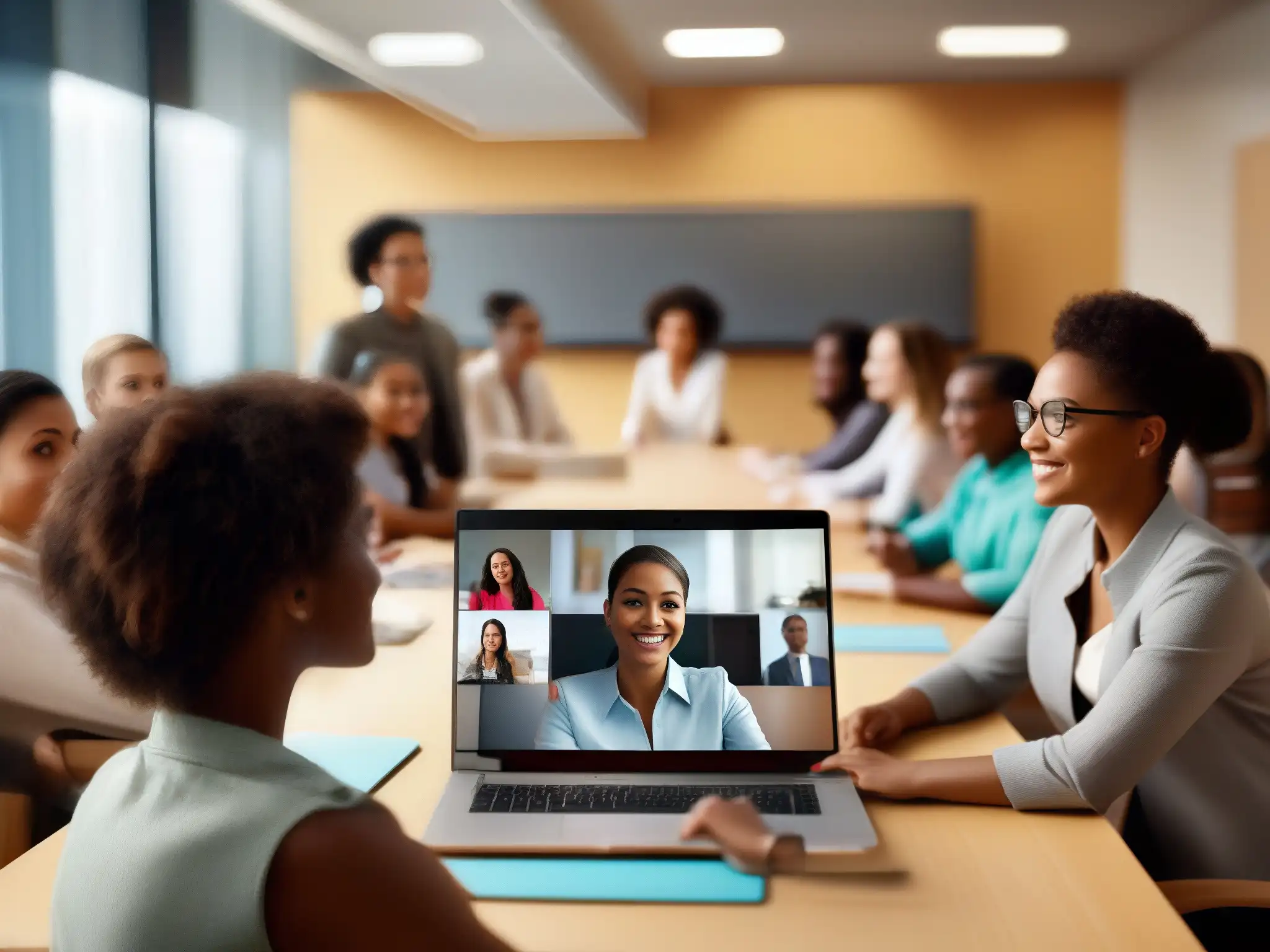 Clase virtual dinámica y profesional con videoconferencia interactiva Una moderna aula virtual con estudiantes participando en la videoconferencia del instructor remoto