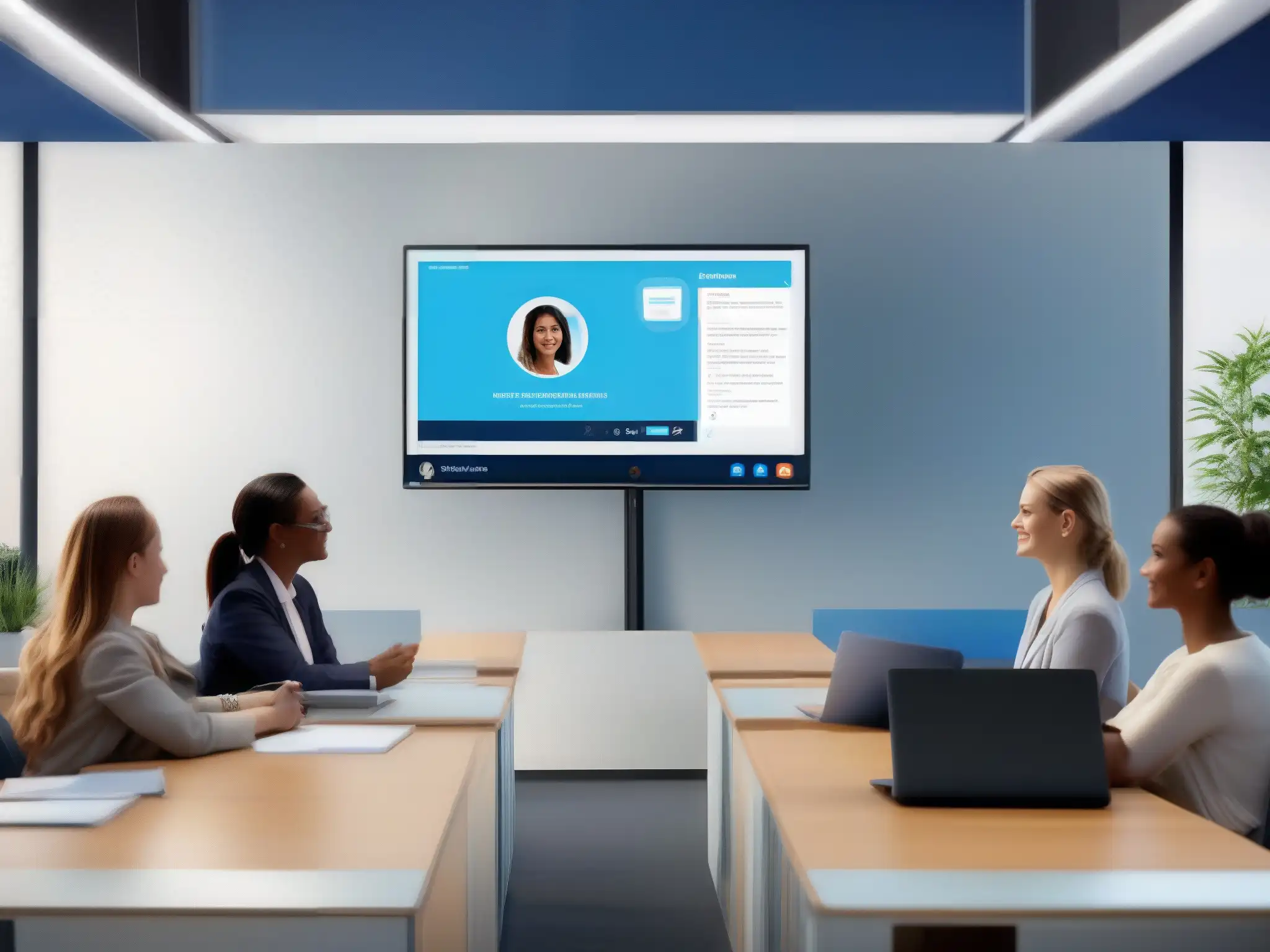 Moderna aula virtual con BigBlueButton: Enseñanza efectiva en línea Una moderna aula virtual con integración de BigBlueButton en educación online, mostrando interacción dinámica entre estudiantes y profesor