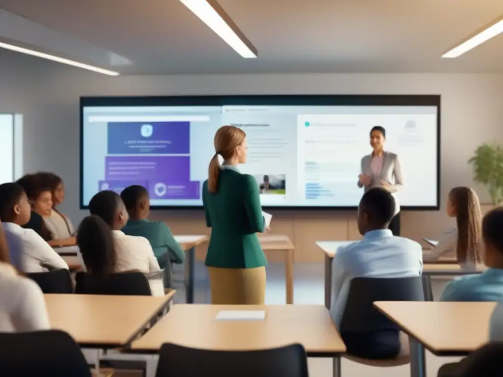 Clase virtual dinámica: participación activa y tecnología avanzada Una moderna aula virtual llena de estudiantes comprometidos, participando activamente en una lección interactiva