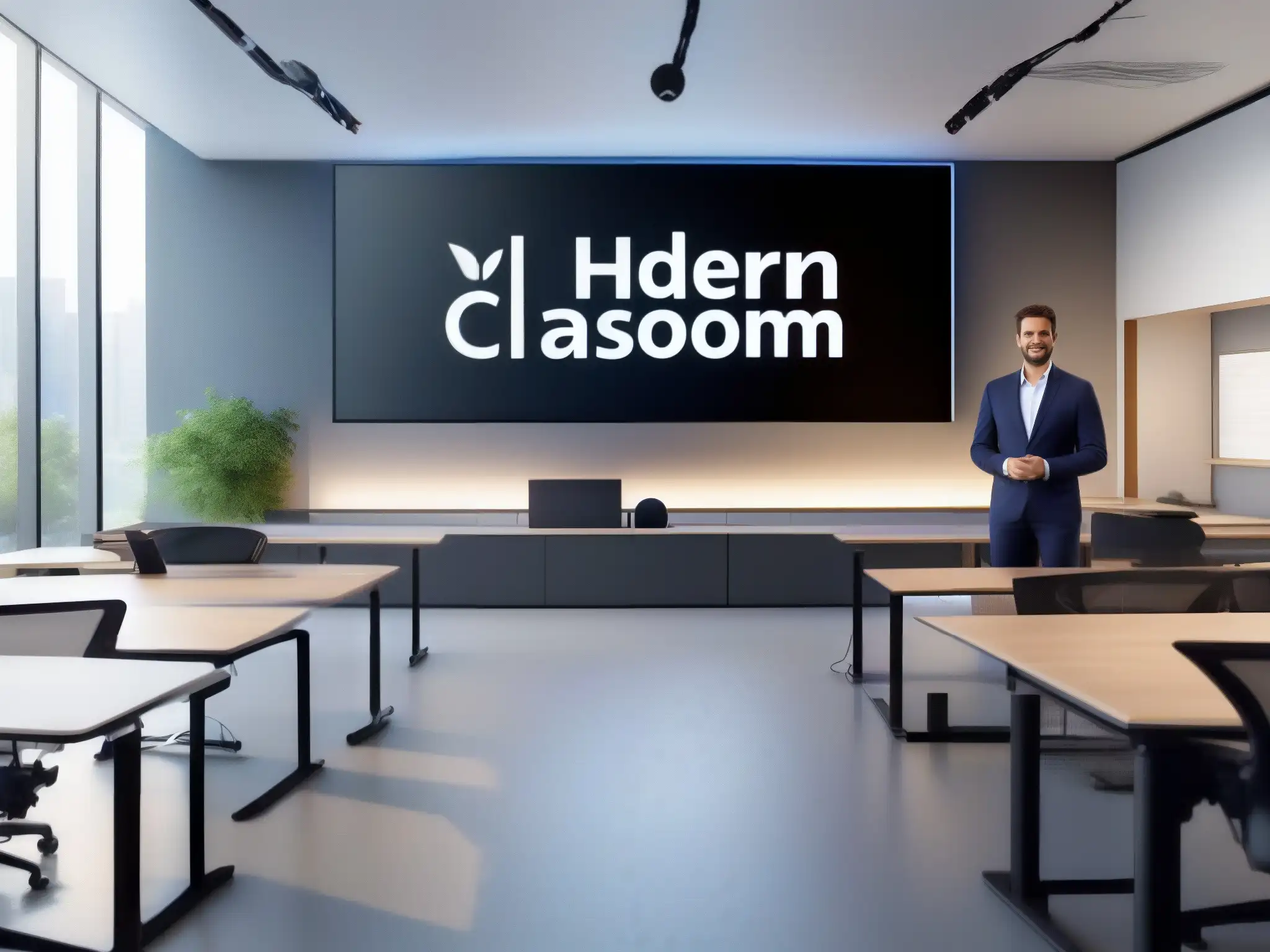 Sala de clases virtuales moderna de alta calidad Una moderna aula virtual con las mejores herramientas de videoconferencia y calidad de audio, en un ambiente sofisticado y profesional