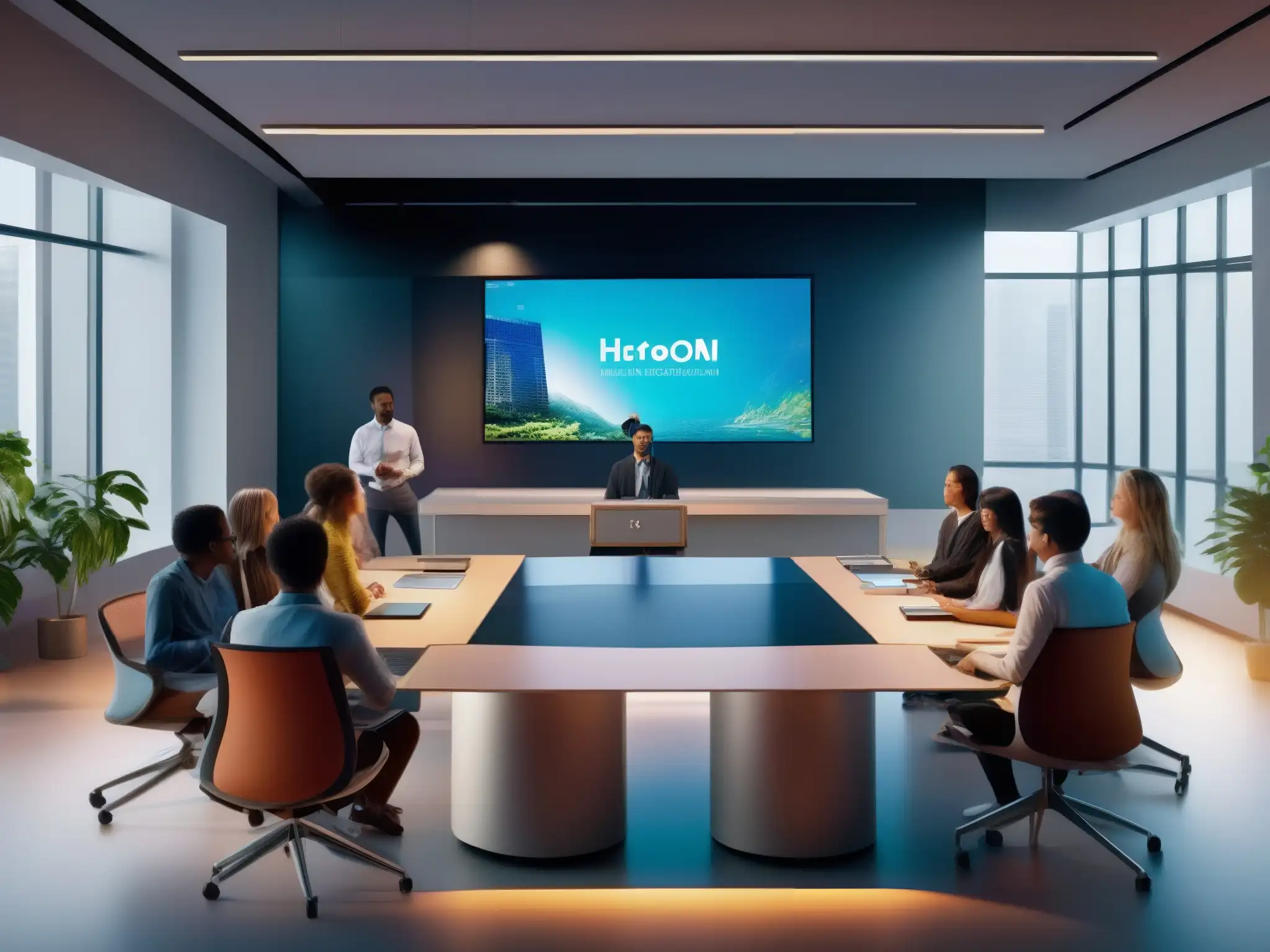 Virtual Classroom 8k: Futuro educativo en acción Una moderna aula virtual con personalización de videoconferencia avanzada, estudiantes y maestros colaborando en tiempo real en un entorno dinámico e inmersivo