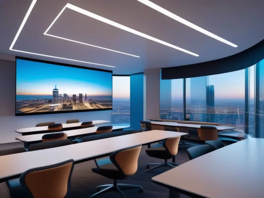 Aula virtual 8K ultradetallada: diseño moderno y tecnología de vanguardia Una moderna aula virtual con tecnología de vanguardia y un fondo virtual de ciudad