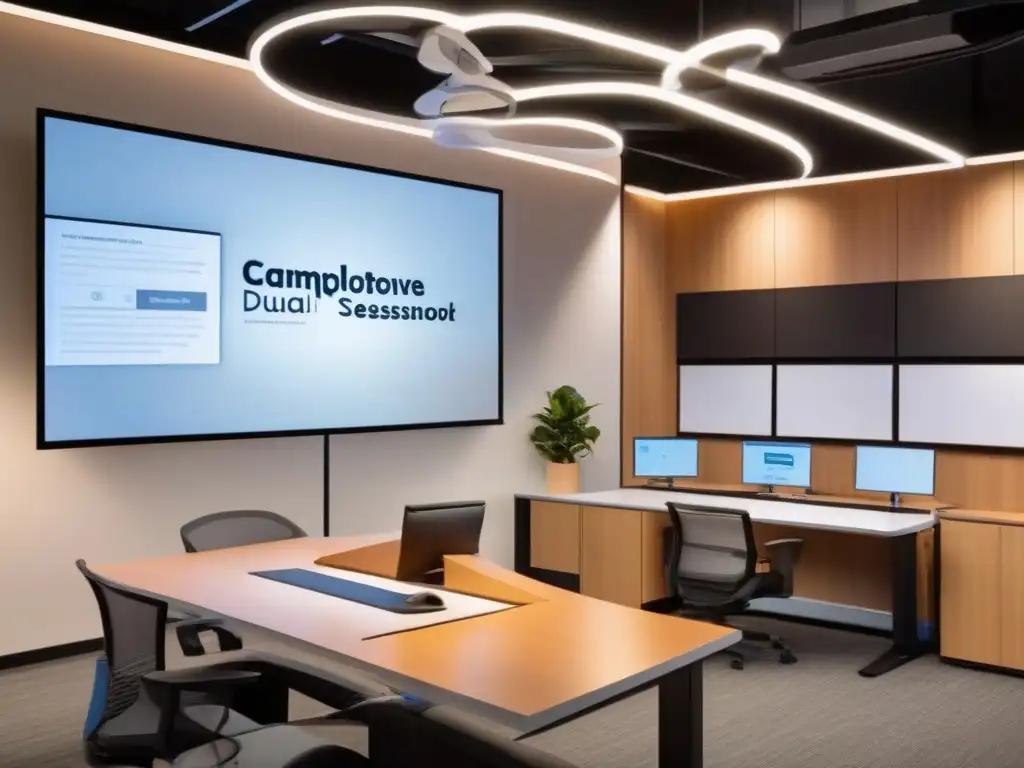 Clase virtual moderna y profesional con estudiantes presenciales y remotos 'Una moderna configuración de aula virtual con la palabra clave 'Ventajas de GoToMeeting en educación virtual'