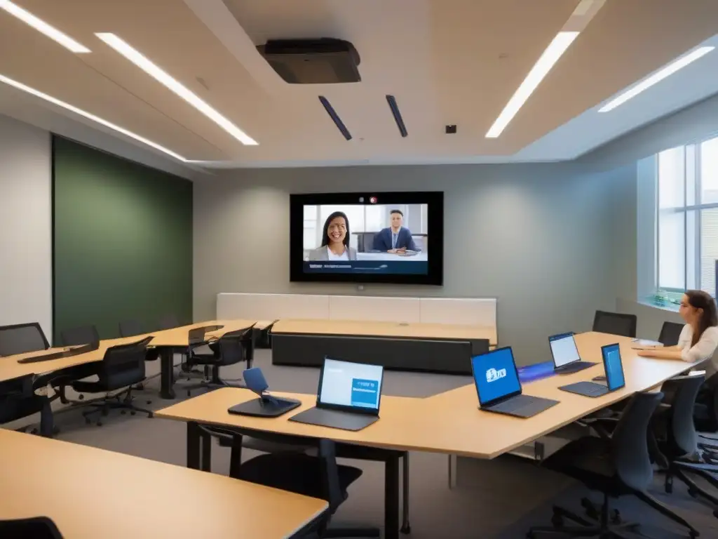 Integración perfecta de videoconferencias en el aula Una moderna configuración de videoconferencia en un aula, integrando las mejores herramientas de videoconferencia para la educación