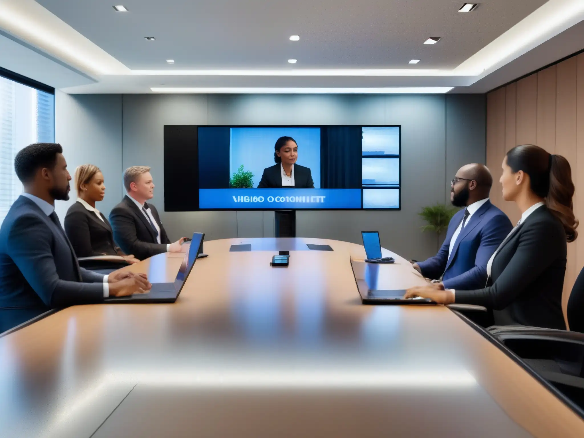 Setup de videoconferencia profesional y moderno Una moderna configuración de videoconferencia con cámaras y micrófonos de alta calidad, pantalla grande y ambiente profesional