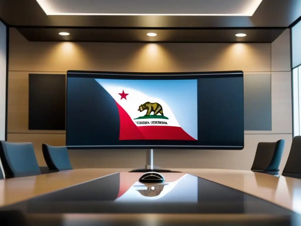Videoconferencia moderna con bandera de California reflejada Una moderna configuración de videoconferencia en California, cumpliendo con CCPA