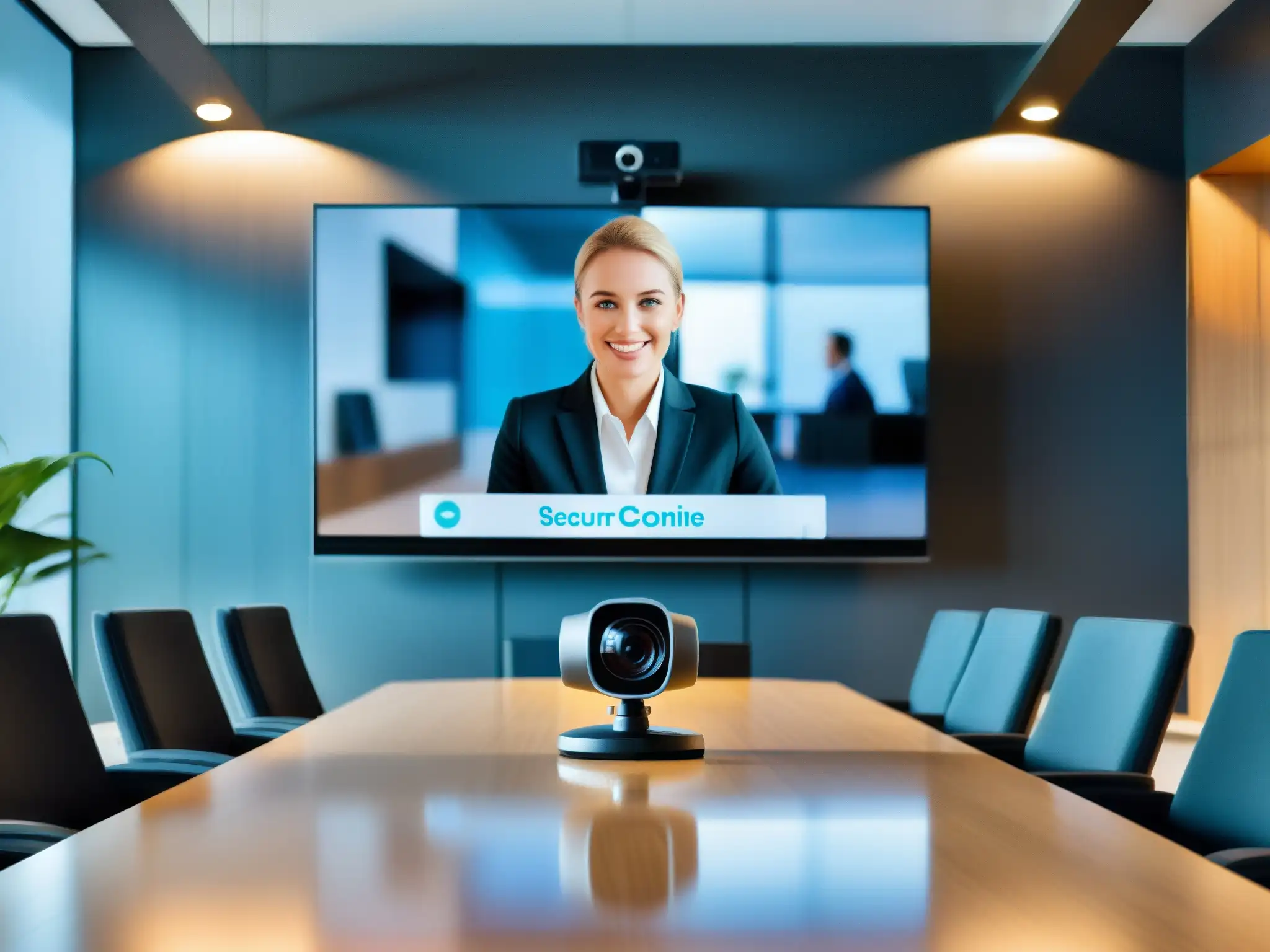 Videoconferencia segura y profesional con cámara de alta calidad Una moderna configuración de videoconferencia con énfasis en seguridad y profesionalismo