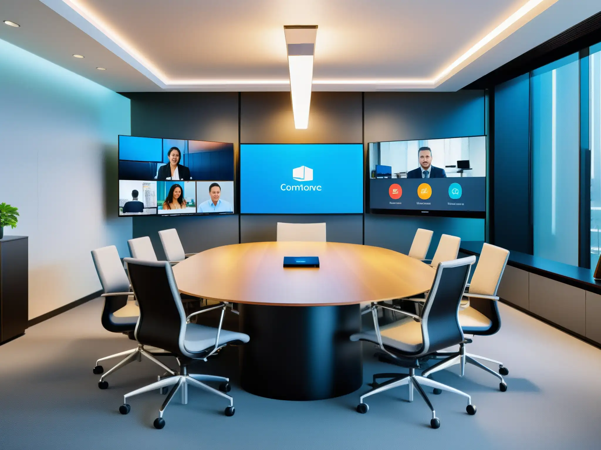Setup de videoconferencia de alta tecnología en ambiente profesional Una moderna configuración de videoconferencia con las mejores herramientas y una sincronización perfecta, en un ambiente profesional y eficiente