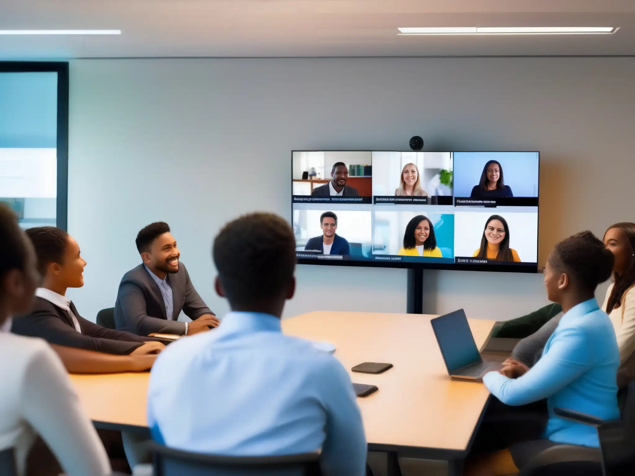 Clase virtual dinámica: Estudiantes atentos en sesión interactiva Una moderna y dinámica videoconferencia educativa en aula virtual