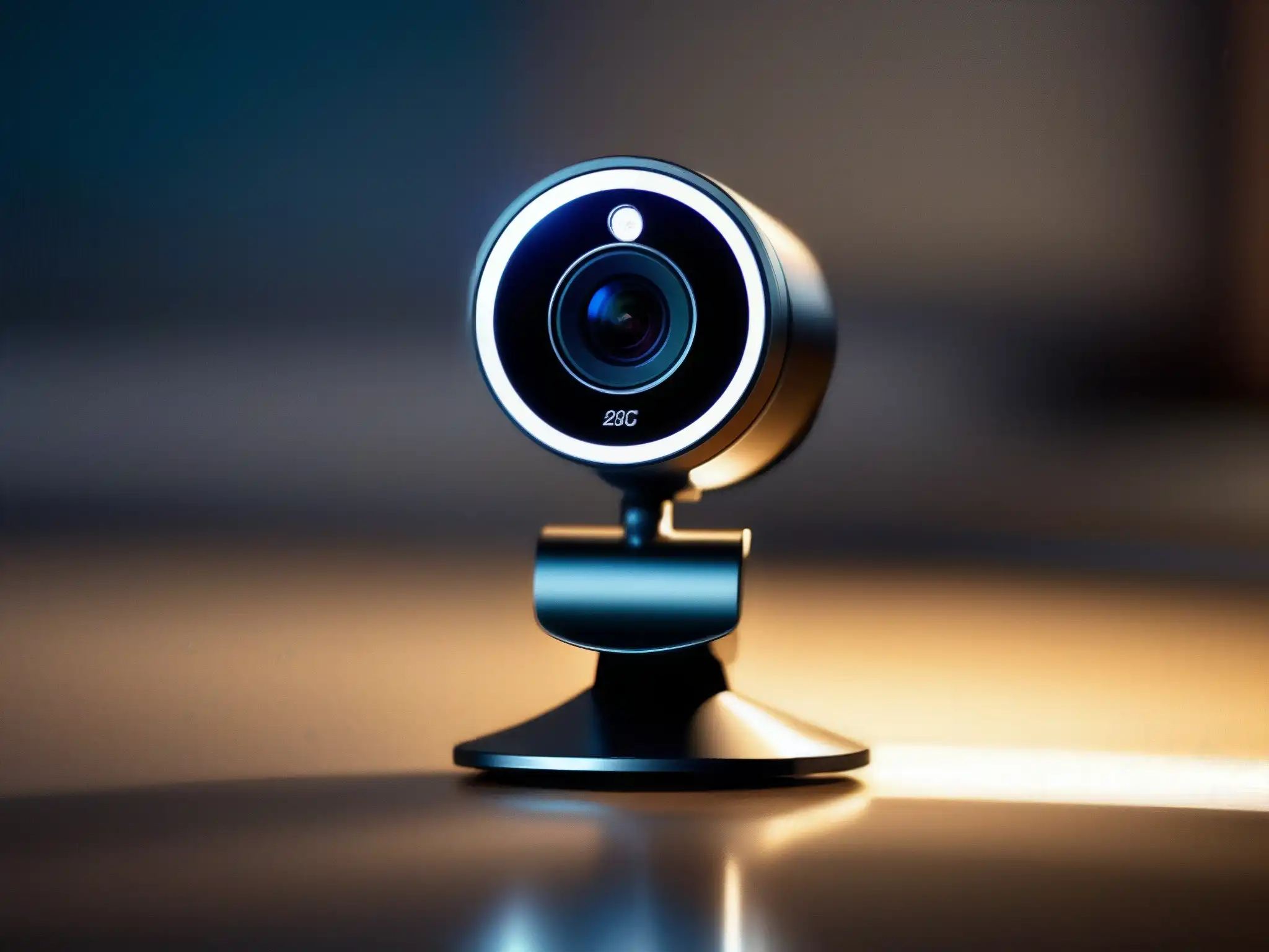 Webcam de Alta Calidad con Micrófono Integrado: Detalles Ultraclaros Una webcam moderna y elegante con micrófono incorporado, refleja su entorno con nitidez