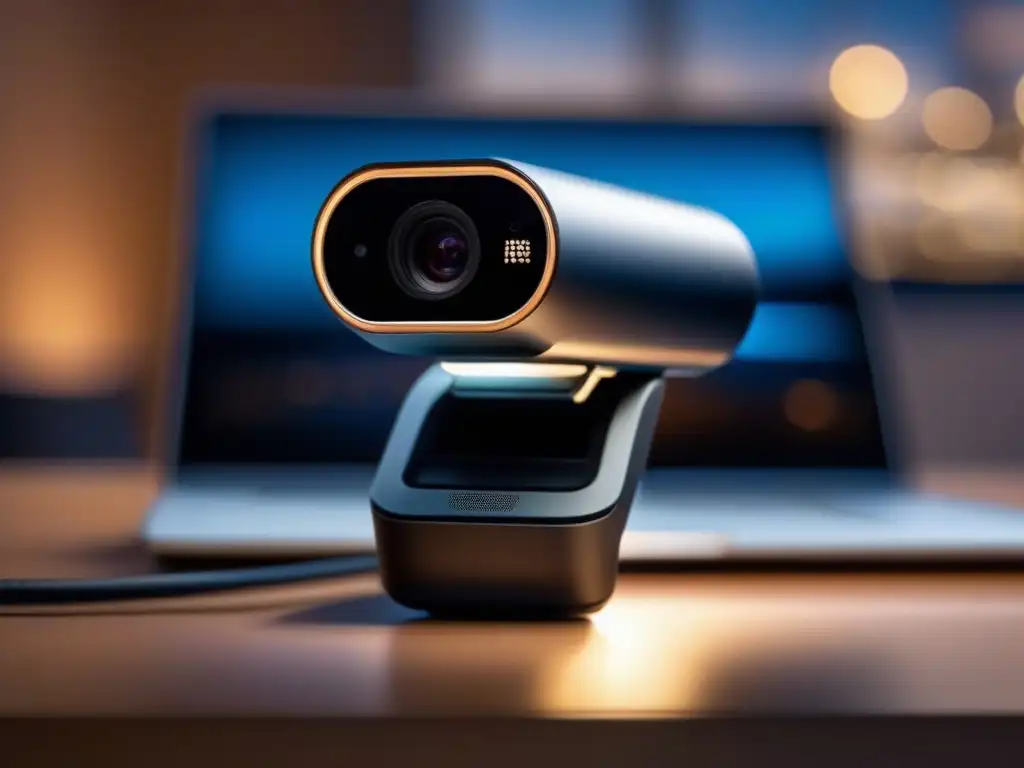 Webcam moderna y profesional: detalle ultradetallado Una webcam moderna y elegante en un monitor, iluminada con un suave resplandor que destaca su diseño metálico