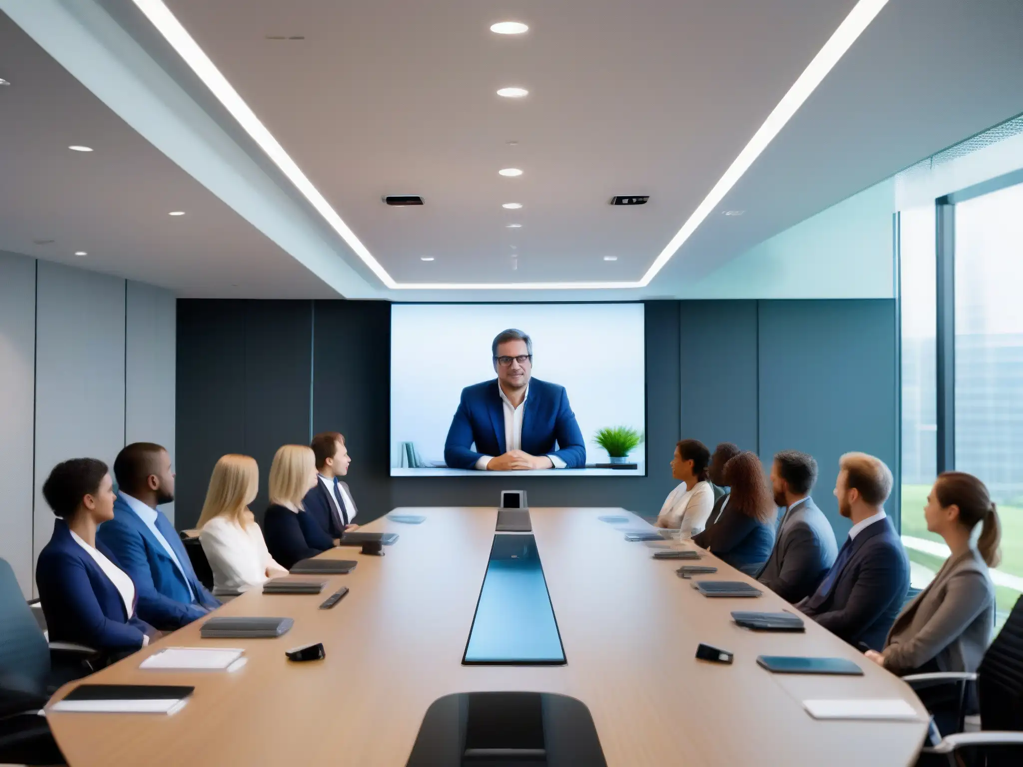 Sala de conferencias moderna y profesional para videoconferencias efectivas Una moderna y elegante sala de videoconferencias, perfecta para videoconferencias seguras en múltiples dominios