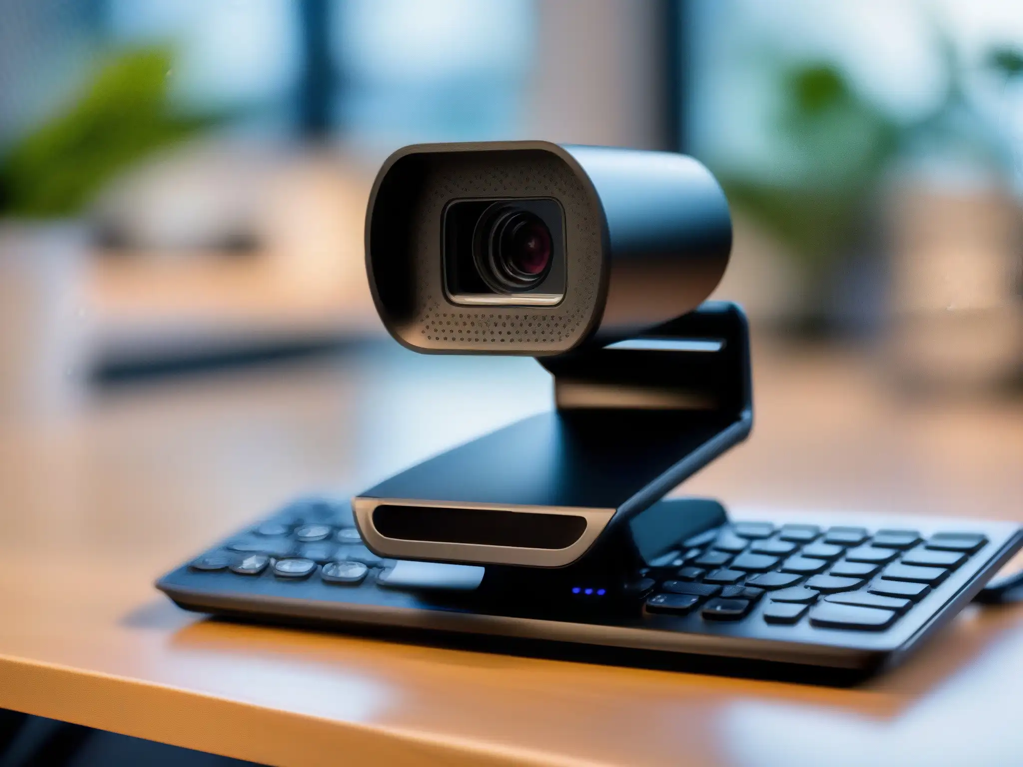 Webcam accesible para videoconferencias inclusivas Una webcam moderna con funciones de accesibilidad y un entorno inclusivo para videoconferencias accesibles para discapacitados