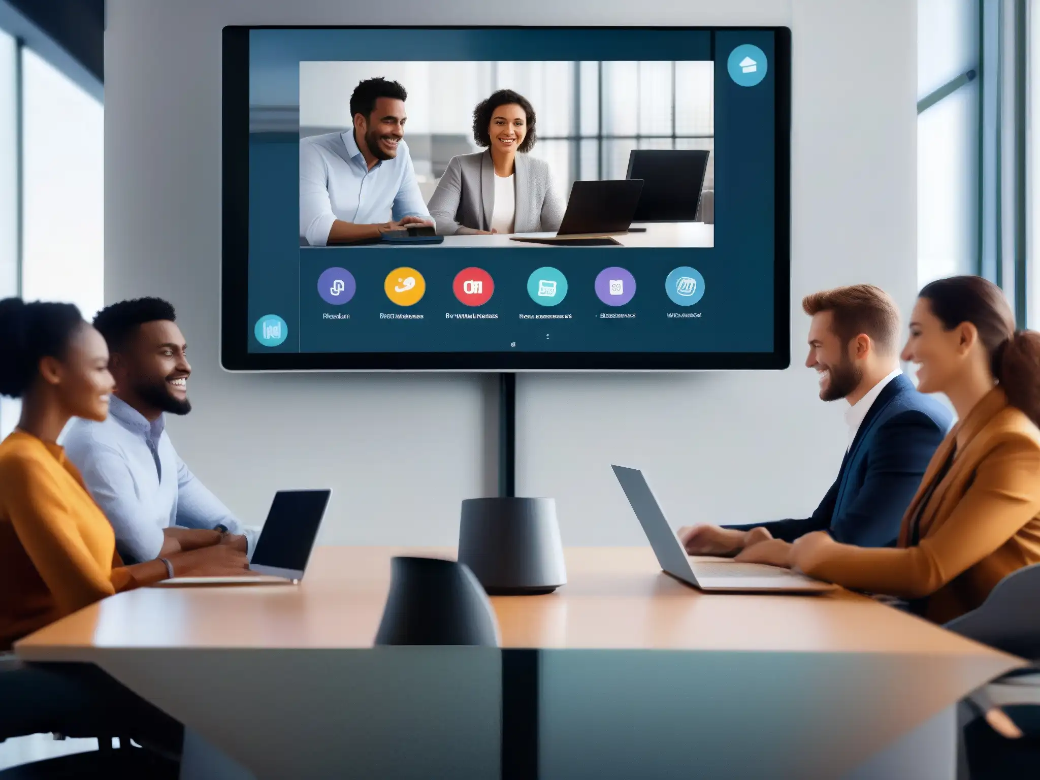 Interfaz de videoconferencia moderna en pantalla HD Una moderna interfaz de videoconferencia corporativa en pantalla grande, con diseño minimalista y colores suaves