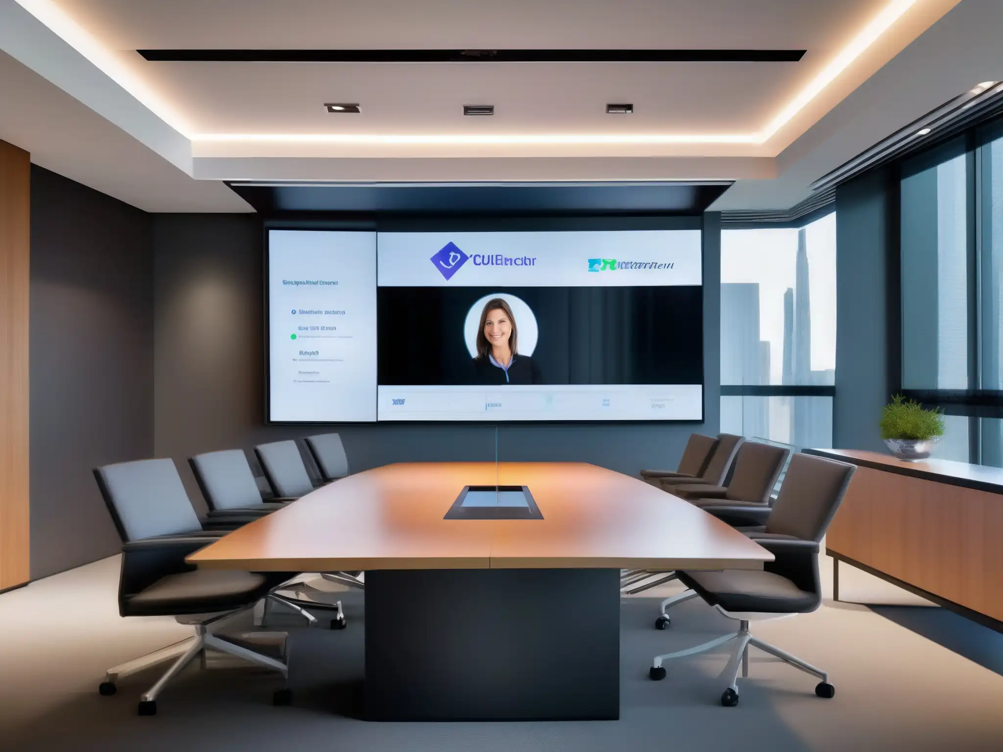 Sala de conferencias virtuales de alta tecnología Una moderna interfaz de videoconferencia en un monitor de alta tecnología, con feeds de video nítidos de varios participantes en una sala virtual