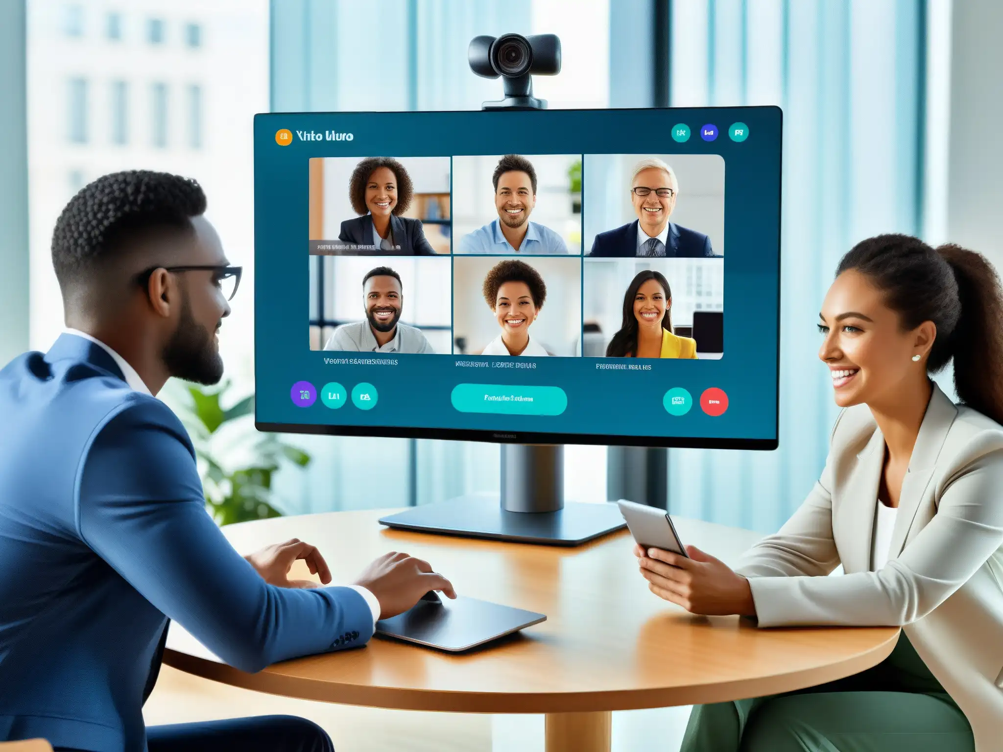 Interfaz de videoconferencia moderna: colaboración profesional Una moderna interfaz de videoconferencia con múltiples participantes en una reunión virtual