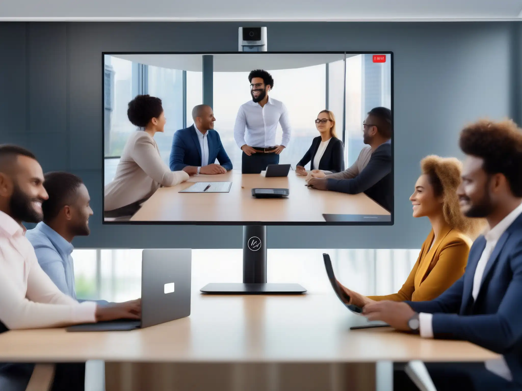 Interfaz de videoconferencia moderna con pantalla compartida Una moderna interfaz de videoconferencia con usabilidad para compartir pantalla en un entorno profesional y colaborativo