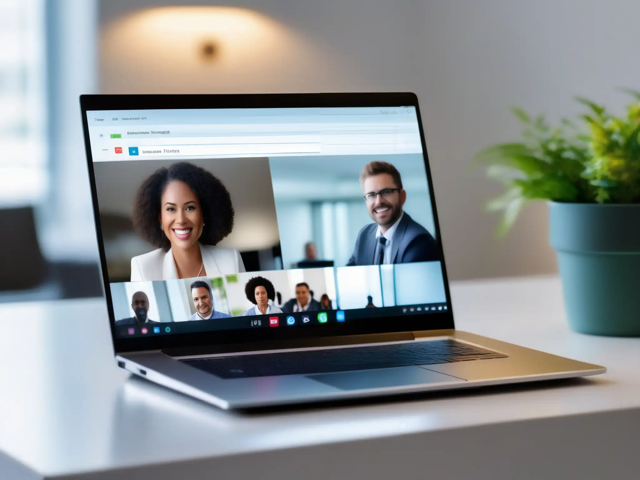 Videoconferencia profesional: eficacia y modernidad Una moderna laptop en un escritorio blanco, muestra una videoconferencia de alta calidad