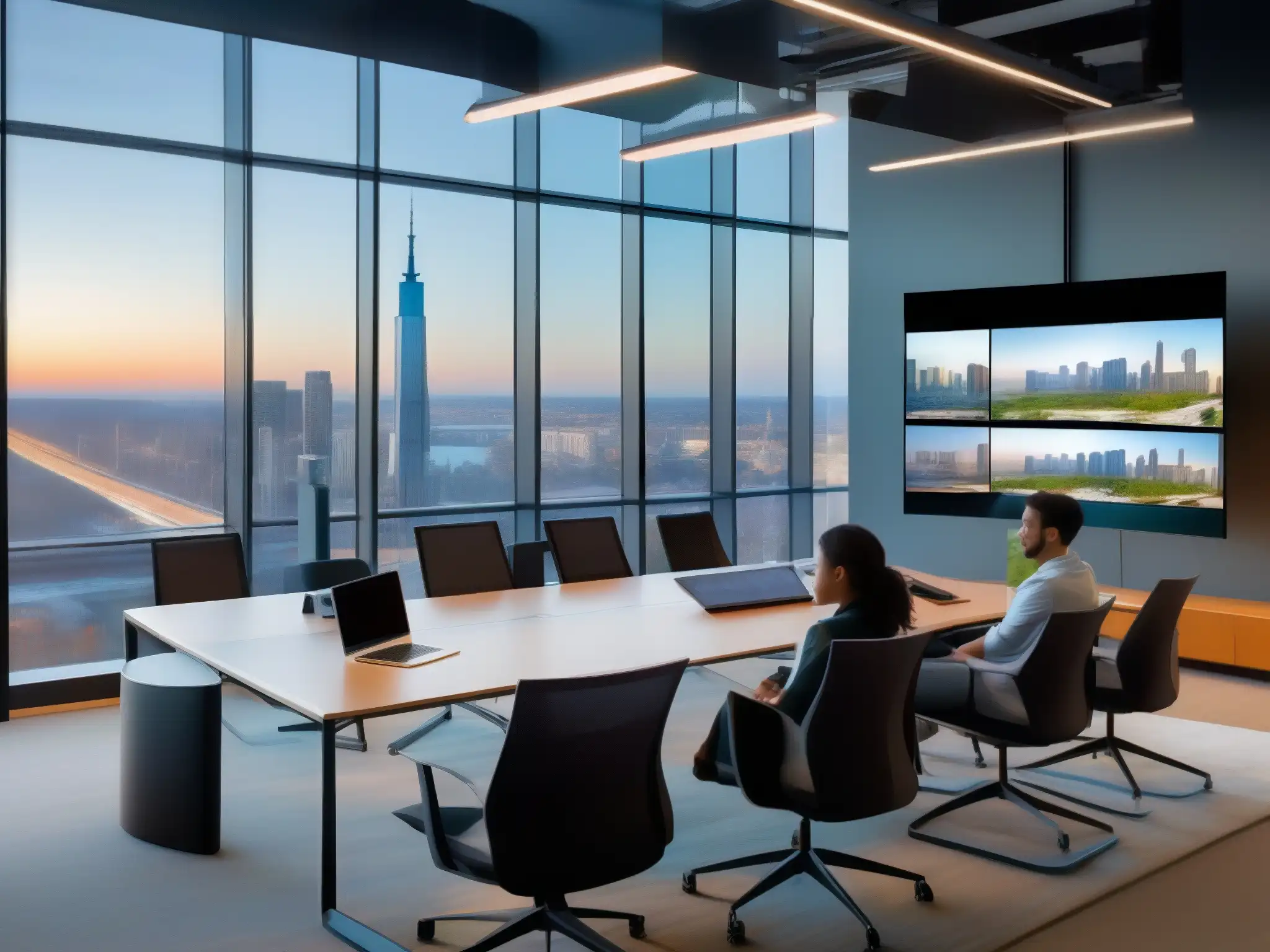 Clase virtual innovadora con vista a la ciudad Moderna plataforma de videoconferencia para cursos de idiomas con vista panorámica a la ciudad y estudiantes comprometidos aprendiendo juntos